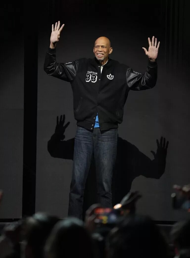 Feb 19, 2023; Salt Lake City, UT, USA; Kareem Abdul-Jabbar is introduced during the 2023 NBA All-Star Game at Vivint Arena. Mandatory Credit: Kyle Terada-USA TODAY Sports
