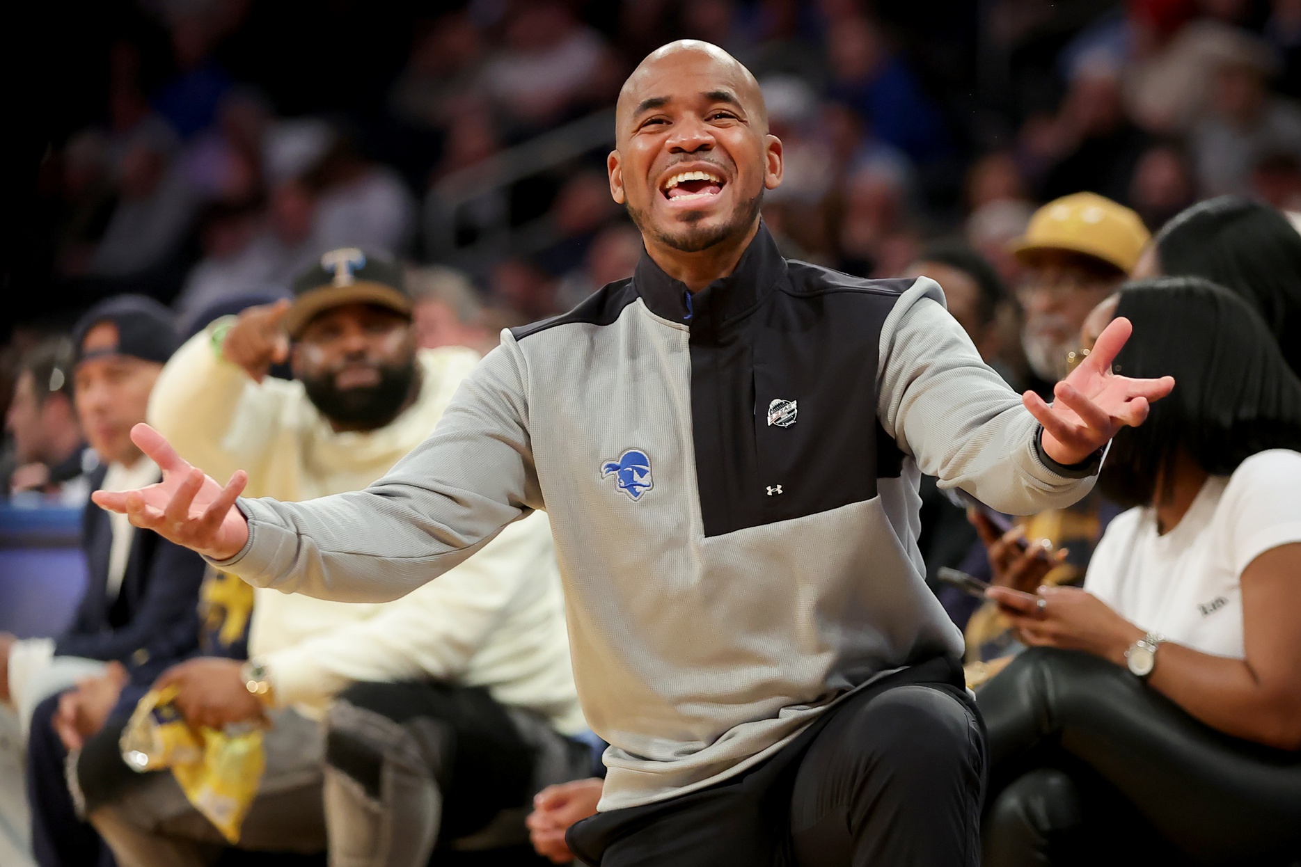 Mar 8, 2023; New York, NY, USA; Seton Hall Pirates head coach Shaheen Holloway reacts as he coaches against the DePaul Blue Demons during the second half at Madison Square Garden. Mandatory Credit: Brad Penner-USA TODAY Sports