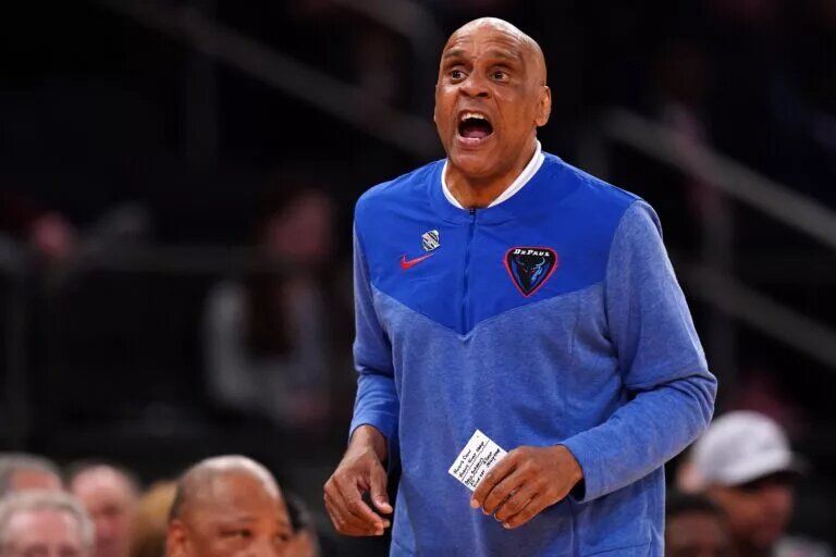 DePaul Blue Demons head coach Tony Stubblefield instructs the team in the first half of an NCAA college basketball game against the Xavier Musketeers during the second round of the Big East conference tournament, Thursday, March 9, 2023, at Madison Square Garden in New York. Xaiver Depaul Big East Basketball Tournament March 9 0133