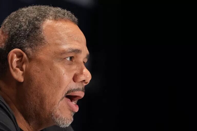 Mar 16, 2023; Greensboro, NC, USA; Former Providence Friars head coach and current Georgetown Hoyas Head Coach Ed Cooley during a press conference at Greensboro Coliseum last March. Mandatory Credit: Bob Donnan-USA TODAY Sports