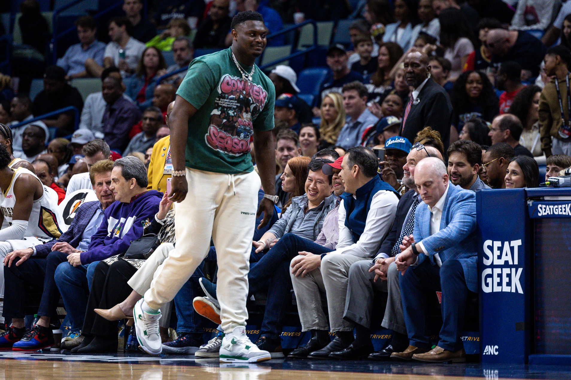 New Orleans Pelicans: Mar 23, 2023; New Orleans, Louisiana, USA; New Orleans Pelicans forward Zion Williamson (1) talks to fans on a time out against the Charlotte Hornets during the second half at Smoothie King Center. Mandatory Credit: Stephen Lew-USA TODAY Sports