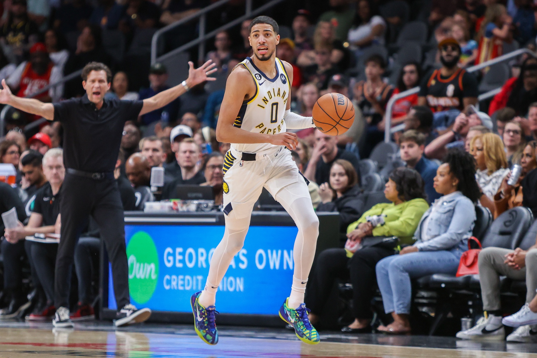 Mar 25, 2023; Atlanta, Georgia, USA; Indiana Pacers guard Tyrese Haliburton (0) dribbles against the Atlanta Hawks in the second quarter at State Farm Arena. Mandatory Credit: Brett Davis-USA TODAY Sports. He was a major player in USA's success.