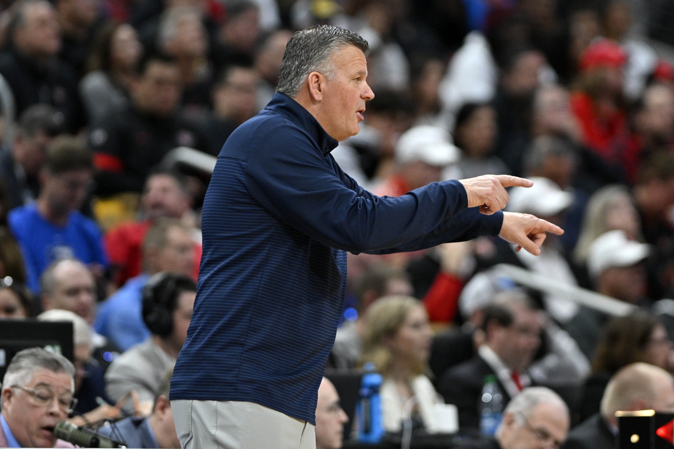 Mar 26, 2023; Louisville, KY, USA; Creighton Bluejays head coach Greg McDermott reacts from the sideline during the first half against the San Diego State Aztecs at the NCAA Tournament South Regional-Creighton vs San Diego State at KFC YUM! Center. Mandatory Credit: Jamie Rhodes-USA TODAY Sports