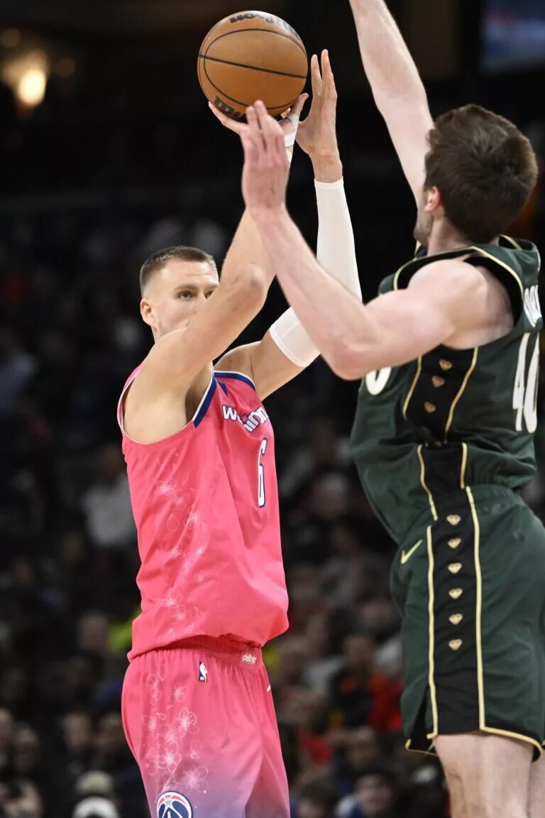 Celtics Offseason: Mar 28, 2023; Washington, District of Columbia, USA; Washington Wizards center Kristaps Porzingis (6) shoots against the Boston Celtics during the second half at Capital One Arena. Mandatory Credit: Brad Mills-USA TODAY Sports