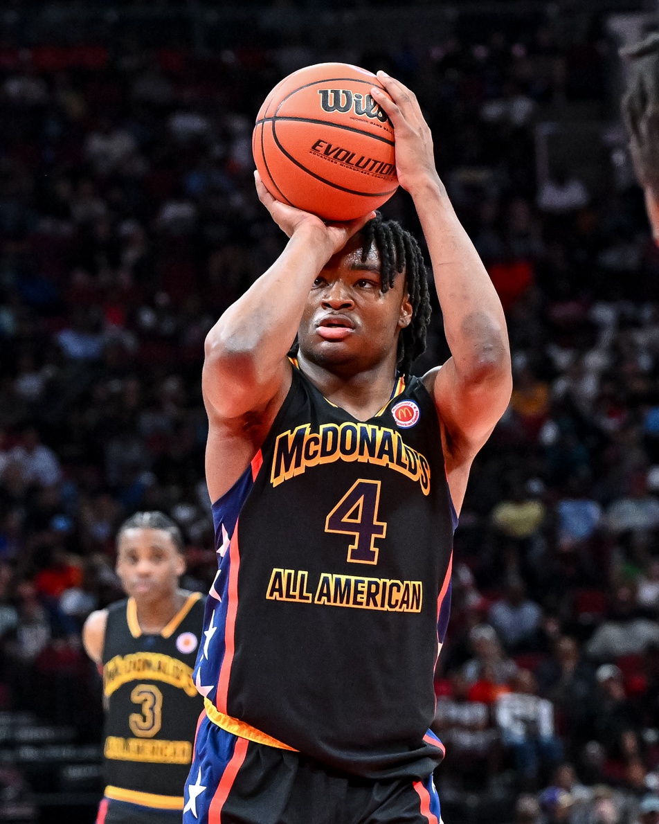 Mar 28, 2023; Houston, TX, USA; McDonald's All American West guard Isaiah Collier (4) shoots a free throw during the first half against the McDonald's All American East at Toyota Center. Mandatory Credit: Maria Lysaker-USA TODAY Sports