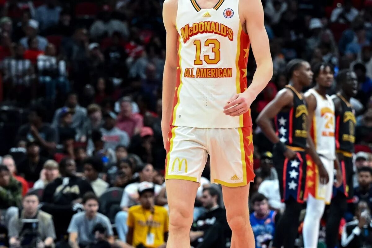 Mar 28, 2023; Houston, TX, USA; McDonald's All American East guard Matas Buzelis (13) stands on the court during the first half against the McDonald's All American West at Toyota Center. Mandatory Credit: Maria Lysaker-USA TODAY Sports