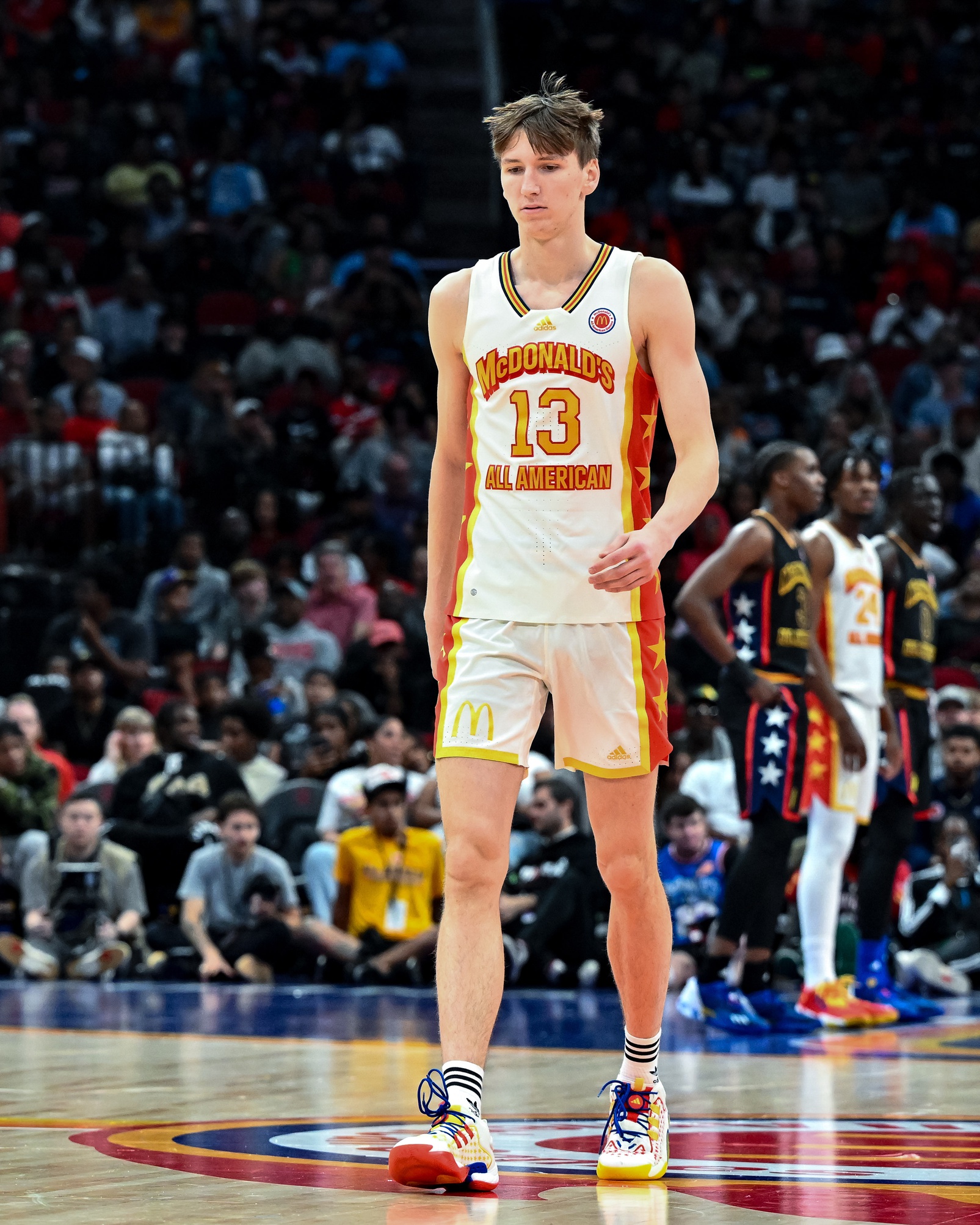 Mar 28, 2023; Houston, TX, USA; McDonald's All American East guard Matas Buzelis (13) stands on the court during the first half against the McDonald's All American West at Toyota Center. Mandatory Credit: Maria Lysaker-USA TODAY Sports