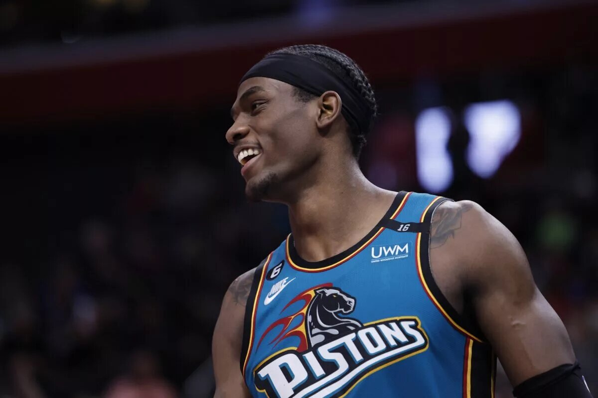 Apr 4, 2023; Detroit, Michigan, USA; Detroit Pistons center Jalen Duren (0) reacts during the second half against the Miami Heat at Little Caesars Arena. Mandatory Credit: Rick Osentoski-USA TODAY Sports