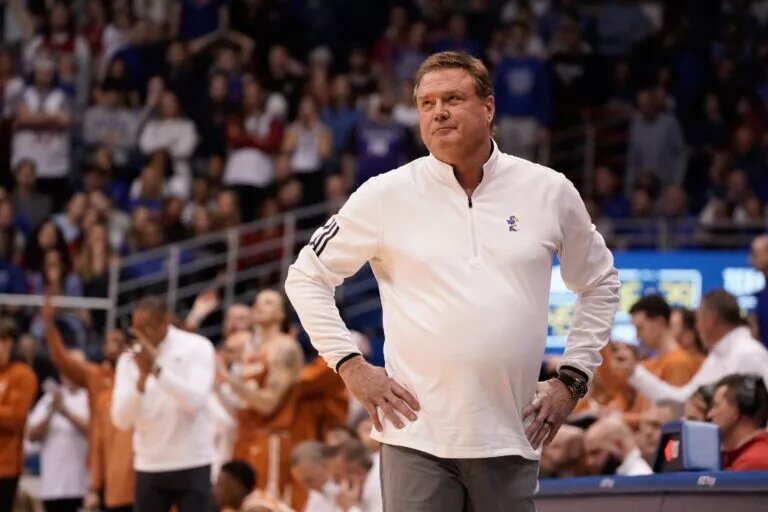 Kansas Basketball coach Bill Self reacts to a call in the second half of his team's game against Texas at Allen Fieldhouse.