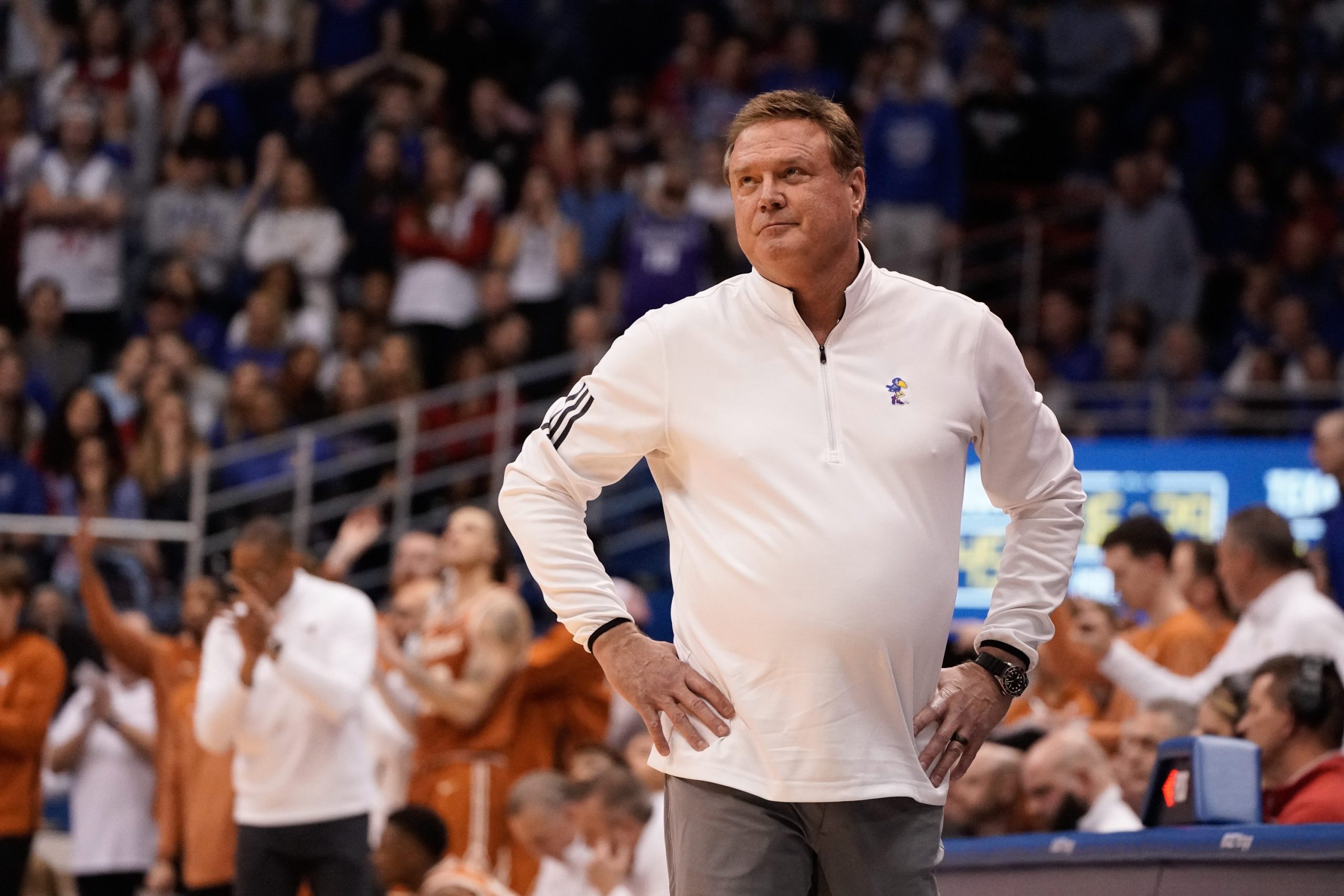 Kansas Basketball coach Bill Self reacts to a call in the second half of his team's game against Texas at Allen Fieldhouse.