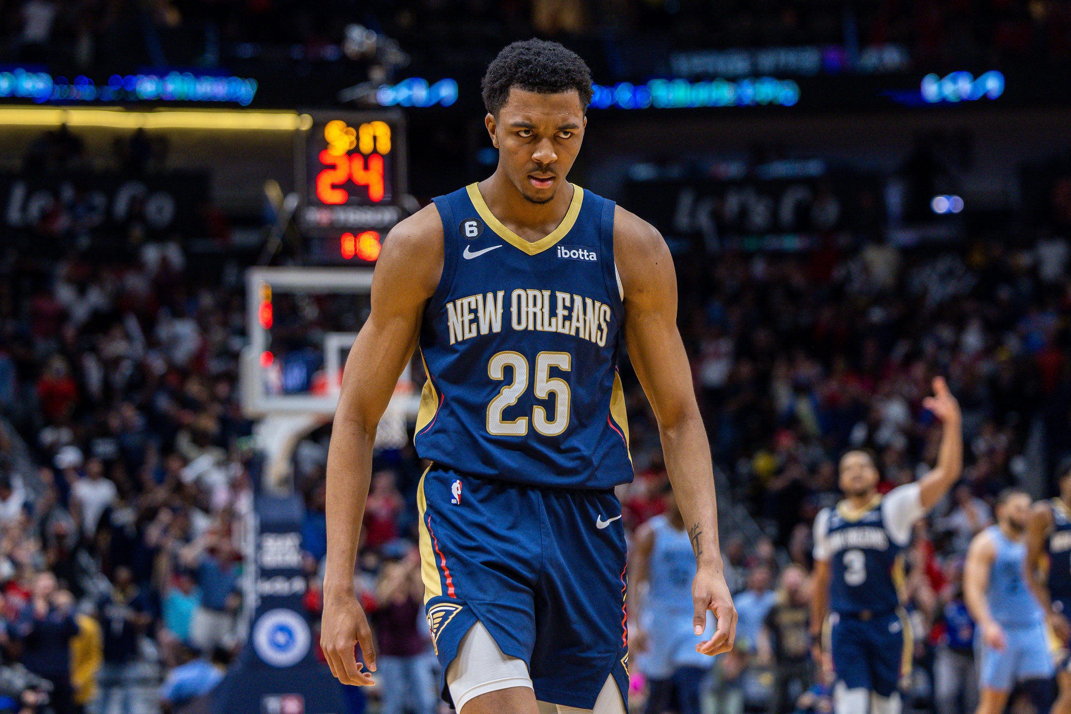 Apr 5, 2023; New Orleans, Louisiana, USA; New Orleans Pelicans guard Trey Murphy III (25) reacts to making a three point basket against the Memphis Grizzlies during the second half at Smoothie King Center. Mandatory Credit: Stephen Lew-USA TODAY Sports