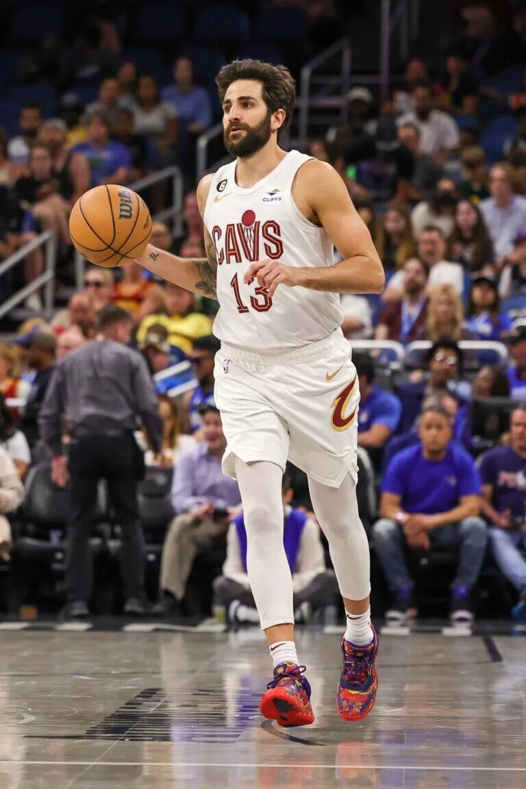 Apr 6, 2023; Orlando, Florida, USA; Cleveland Cavaliers guard Ricky Rubio (13) brings the ball up court during the second quarter against the Orlando Magic at Amway Center. Mandatory Credit: Mike Watters-USA TODAY Sports