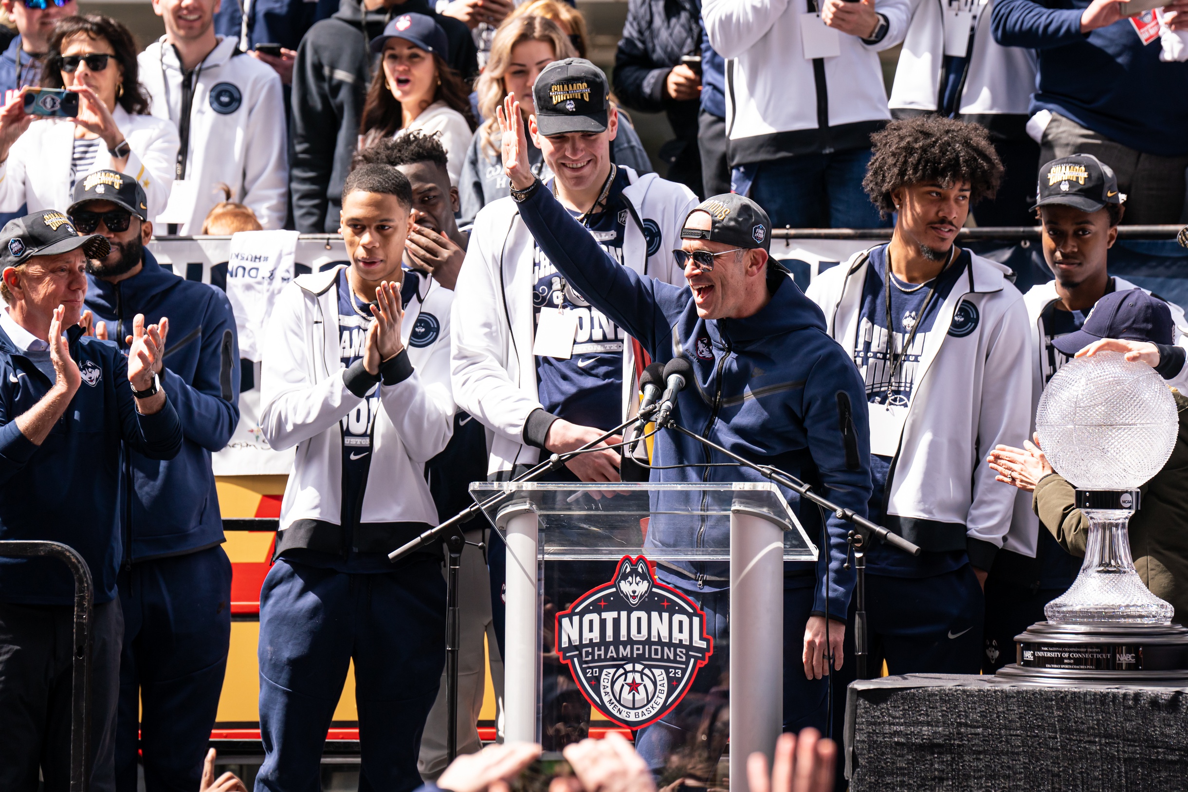 Apr 8, 2023; Hartford, CT, USA; UConn Huskies head coach Dan Hurley reacts to the crowd as he and the team are honored with a parade through downtown Hartford. Mandatory Credit: David Butler II-USA TODAY Sports