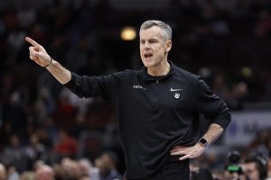 Apr 9, 2023; Chicago, Illinois, USA; Chicago Bulls head coach Billy Donovan directs his team against the Detroit Pistons during the first half at United Center. Mandatory Credit: Kamil Krzaczynski-USA TODAY Sports