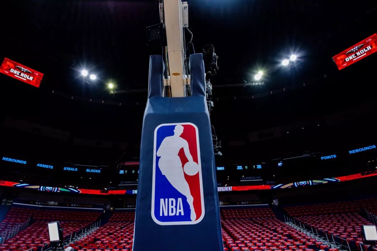 Apr 12, 2023; New Orleans, Louisiana, USA; Detailed view of the Play-In signage on the court before the game between the New Orleans Pelicans and the Oklahoma City Thunder at Smoothie King Center. Mandatory Credit: Stephen Lew-USA TODAY Sports