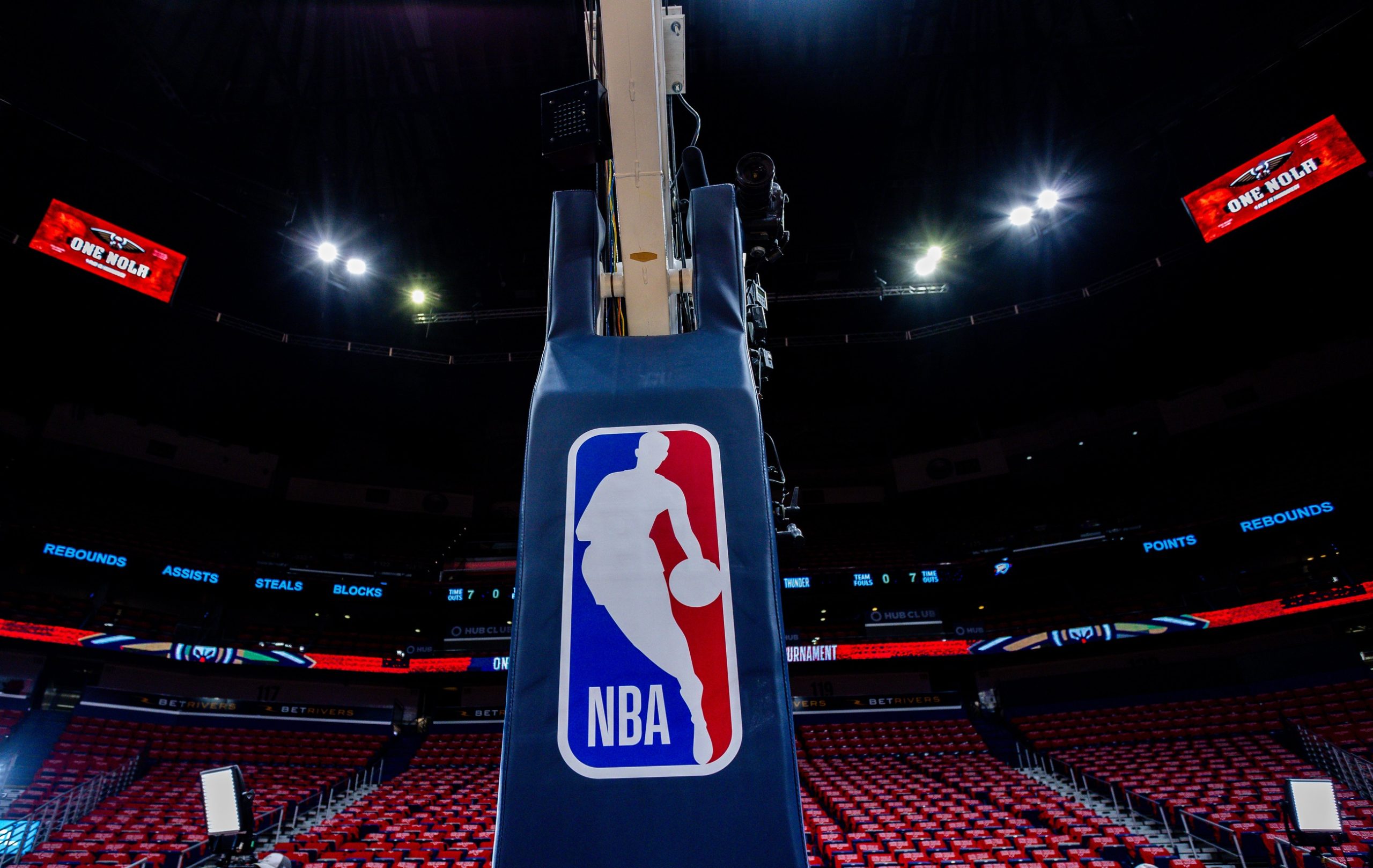 Apr 12, 2023; New Orleans, Louisiana, USA; Detailed view of the Play-In signage on the court before the game between the New Orleans Pelicans and the Oklahoma City Thunder at Smoothie King Center. Mandatory Credit: Stephen Lew-USA TODAY Sports