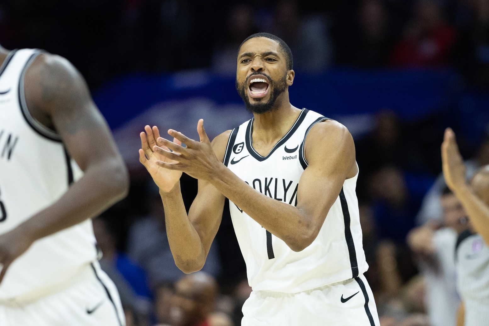 Apr 17, 2023; Philadelphia, Pennsylvania, USA; Brooklyn Nets forward Mikal Bridges (1) reacts after a defensive stop against the Philadelphia 76ers during the third quarter in game two of the 2023 NBA playoffs at Wells Fargo Center. Mandatory Credit: Bill Streicher-USA TODAY Sports