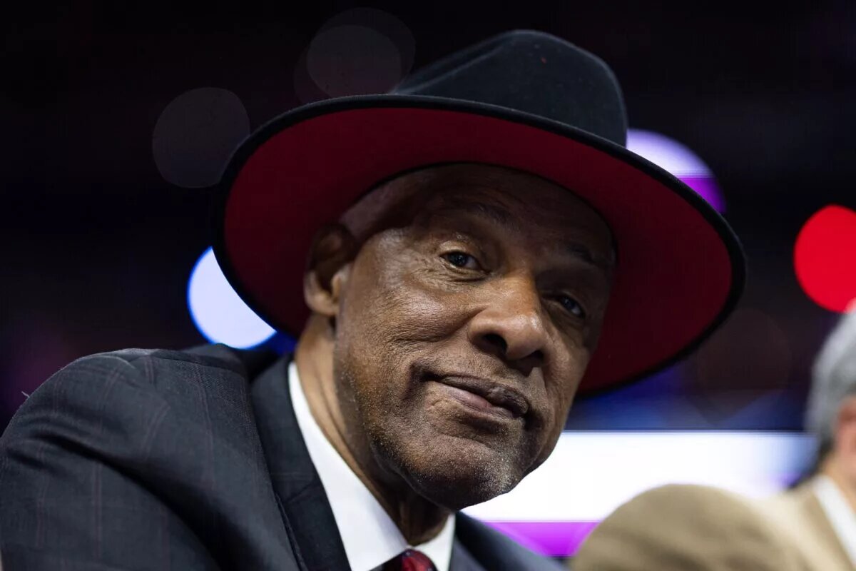 Apr 17, 2023; Philadelphia, Pennsylvania, USA; NBA hall of fame member and former Philadelphia 76ers Julius Erving looks on during the fourth quarter in game two of the 2023 NBA playoffs against the Brooklyn Nets at Wells Fargo Center. Mandatory Credit: Bill Streicher-USA TODAY Sports