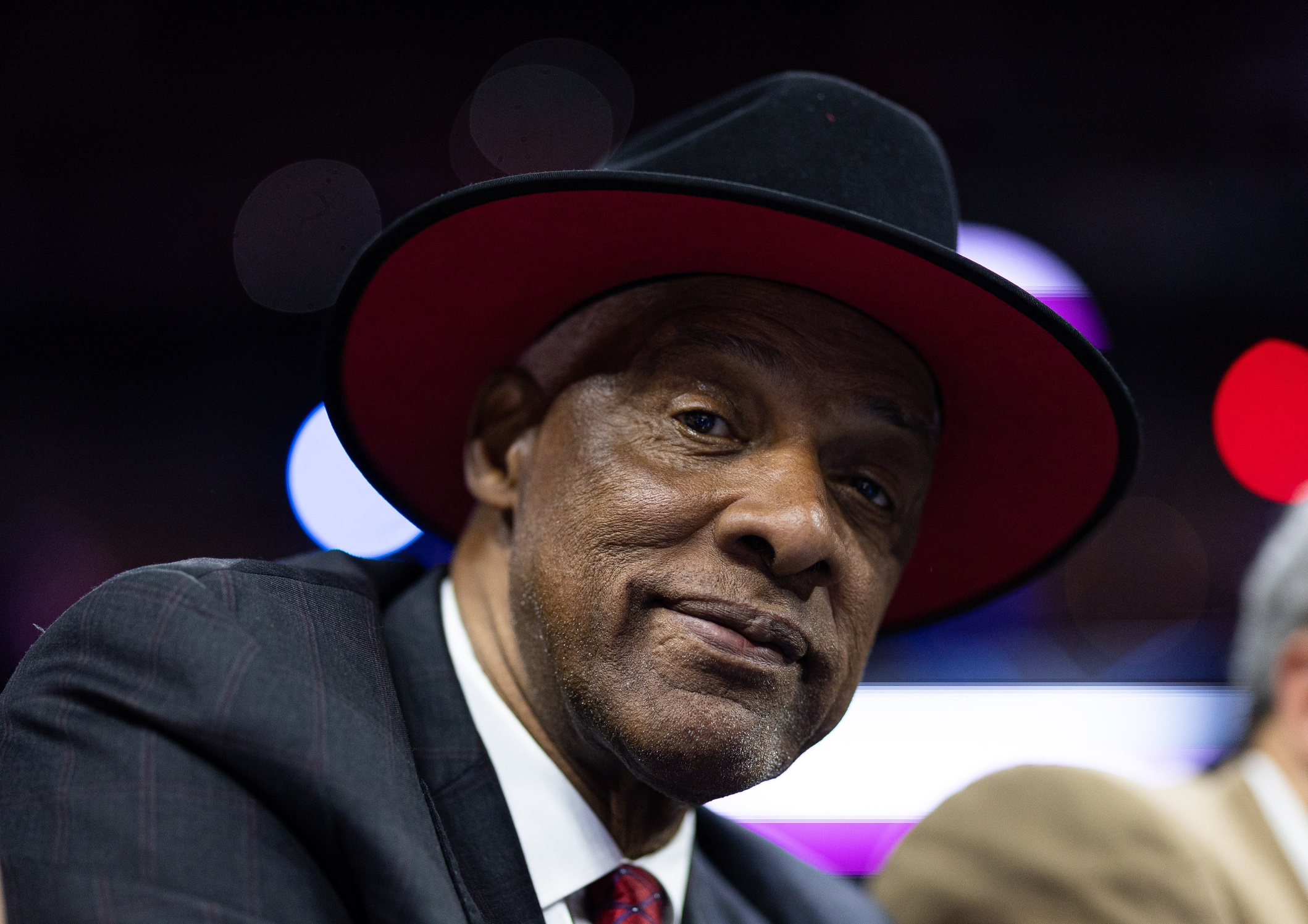 Apr 17, 2023; Philadelphia, Pennsylvania, USA; NBA hall of fame member and former Philadelphia 76ers Julius Erving looks on during the fourth quarter in game two of the 2023 NBA playoffs against the Brooklyn Nets at Wells Fargo Center. Mandatory Credit: Bill Streicher-USA TODAY Sports
