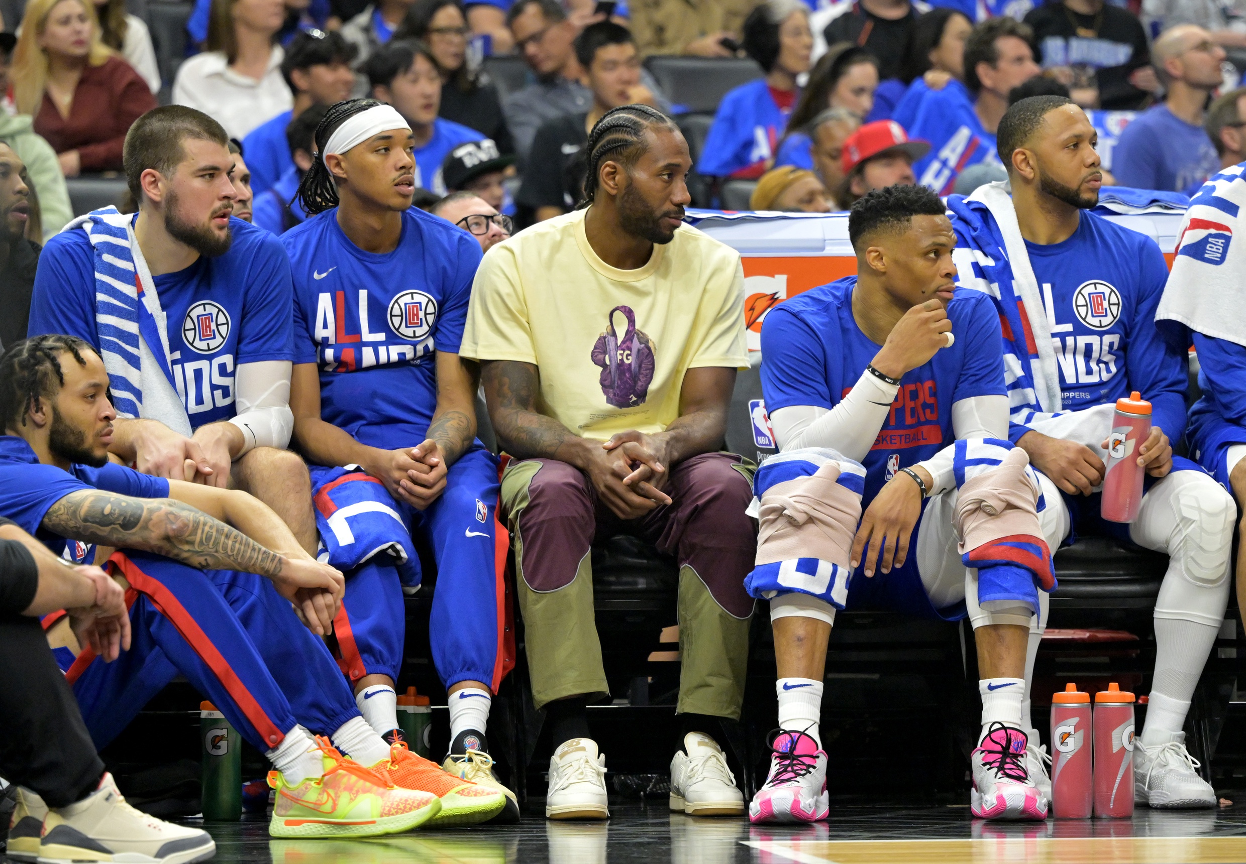 Apr 20, 2023; Los Angeles, California, USA; Los Angeles Clippers forward Kawhi Leonard (2) looks on from the bench in the first half against the Phoenix Suns at Crypto.com Arena. Mandatory Credit: Jayne Kamin-Oncea-USA TODAY Sports