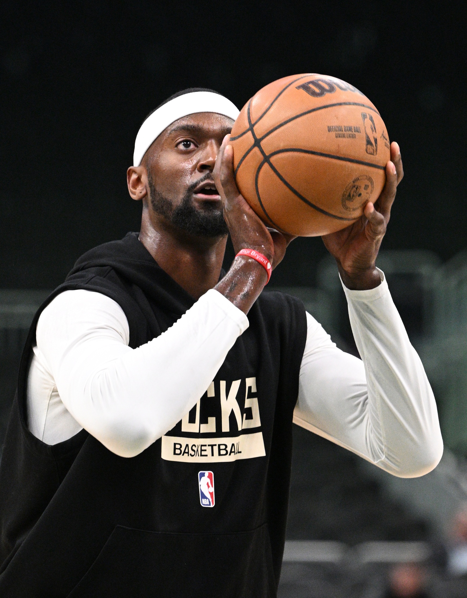 USA Basketball. Apr 26, 2023; Milwaukee, Wisconsin, USA; Milwaukee Bucks forward Bobby Portis (9) shoots freethows during warmups before game five against the Miami Heat of the 2023 NBA Playoffs at Fiserv Forum. Mandatory Credit: Michael McLoone-USA TODAY Sports