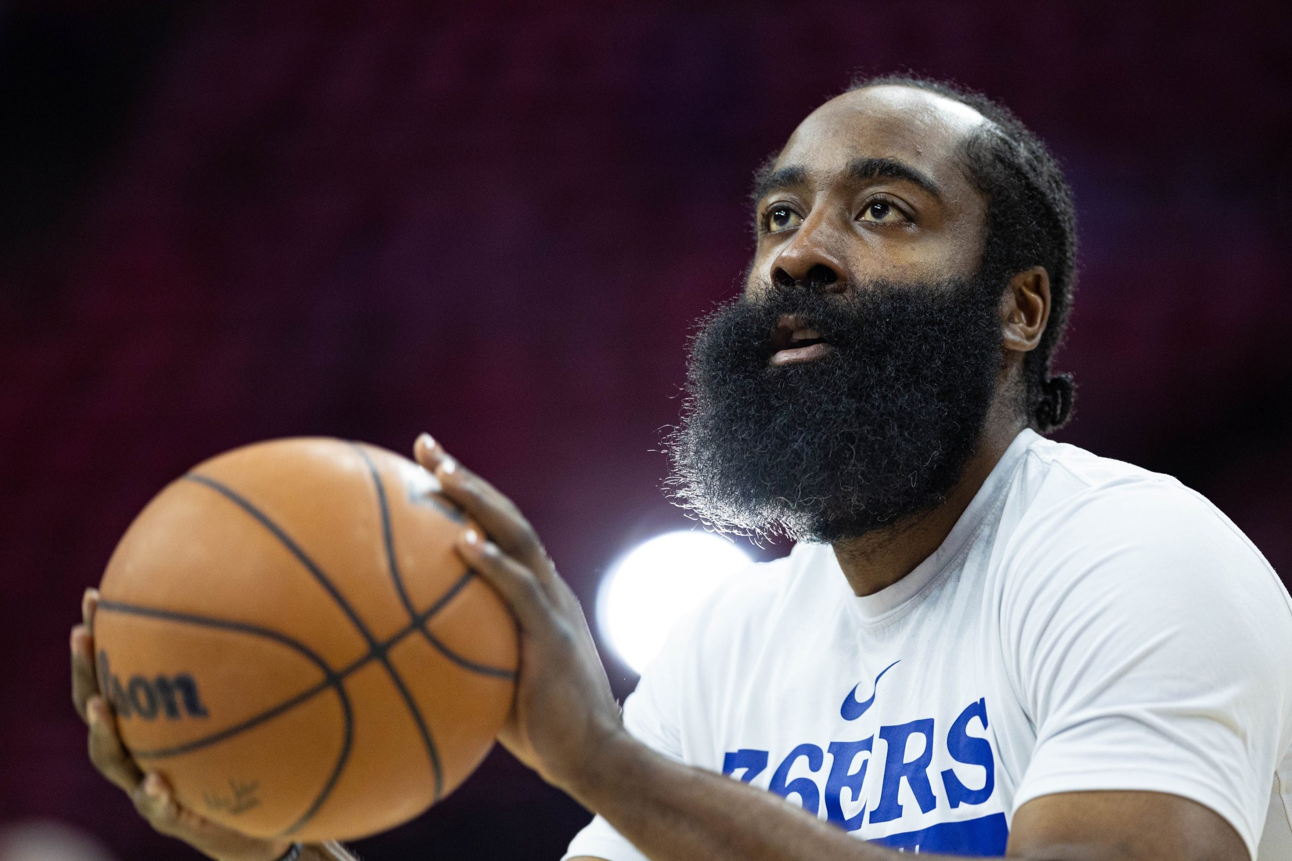 May 11, 2023; Philadelphia, Pennsylvania, USA; Philadelphia 76ers guard James Harden warms up before game six of the 2023 NBA playoffs against the Boston Celtics at Wells Fargo Center. Mandatory Credit: Bill Streicher-USA TODAY Sports