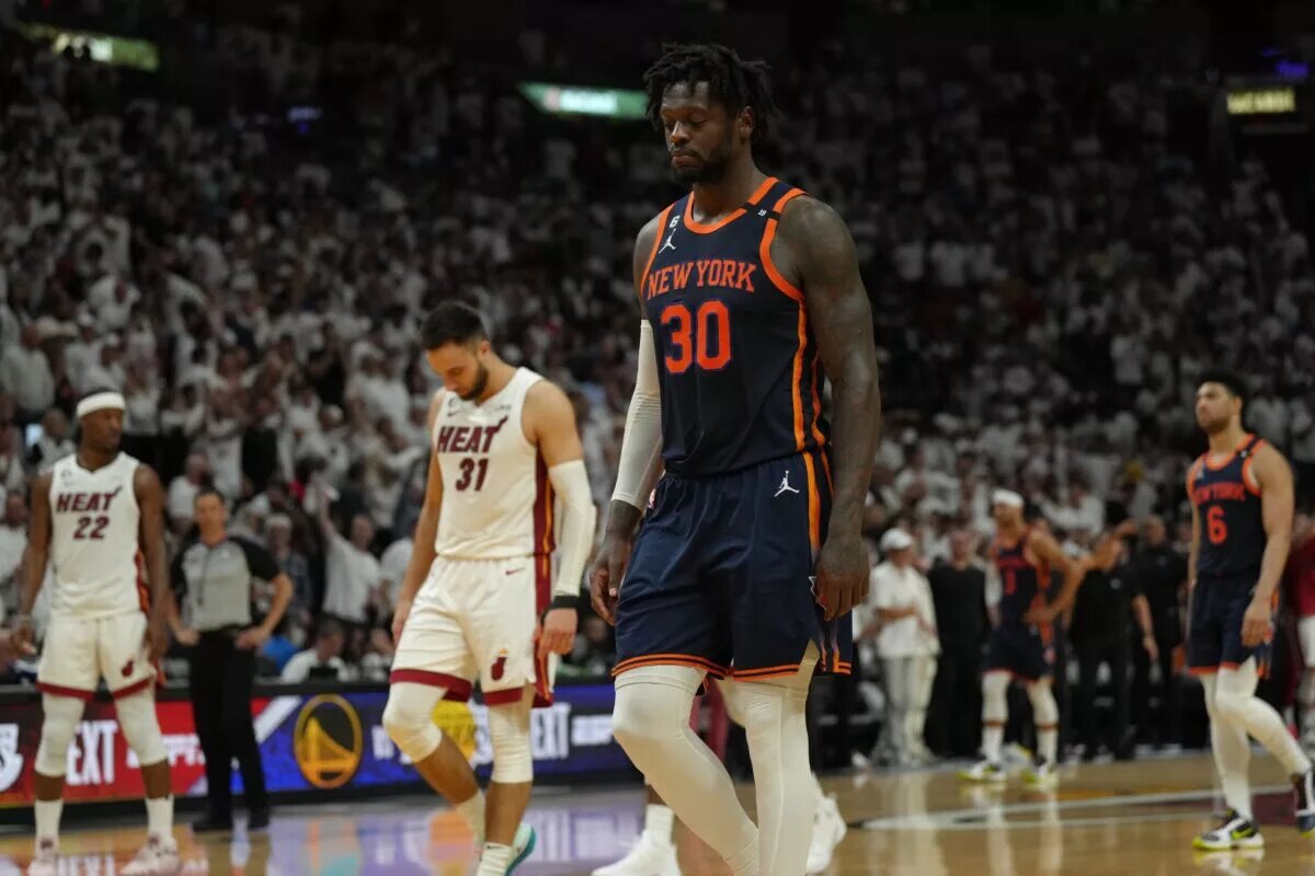 May 12, 2023; Miami, Florida, USA; New York Knicks forward Julius Randle (30) walks up the court as the Miami Heat heat to the free throw line late in the fourth quarter during game six of the 2023 NBA playoffs at Kaseya Center. Mandatory Credit: Jim Rassol-USA TODAY Sports