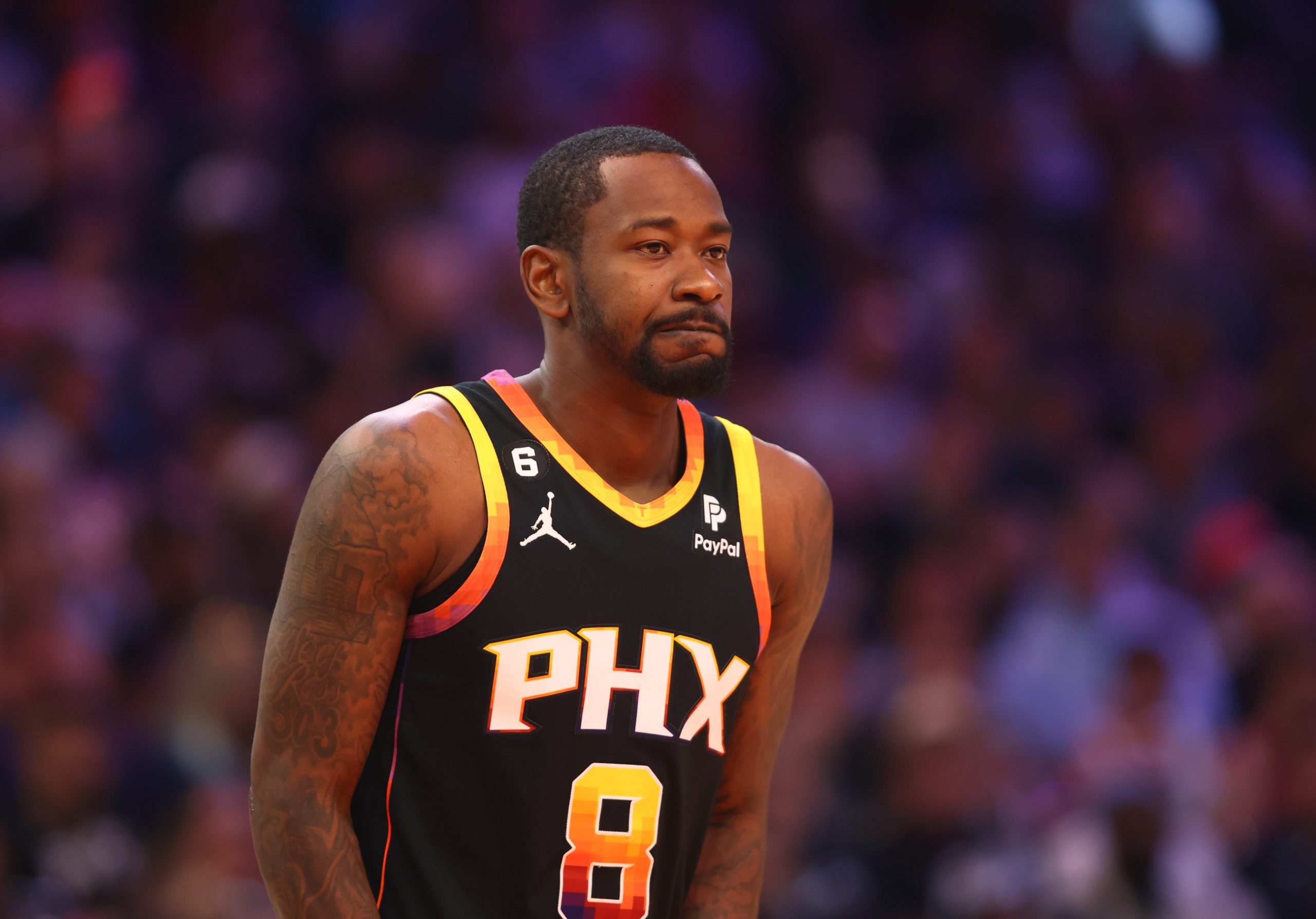 May 7, 2023; Phoenix, Arizona, USA; Phoenix Suns guard Terrence Ross (8) against the Denver Nuggets during game four of the 2023 NBA playoffs at Footprint Center. Mandatory Credit: Mark J. Rebilas-USA TODAY Sports