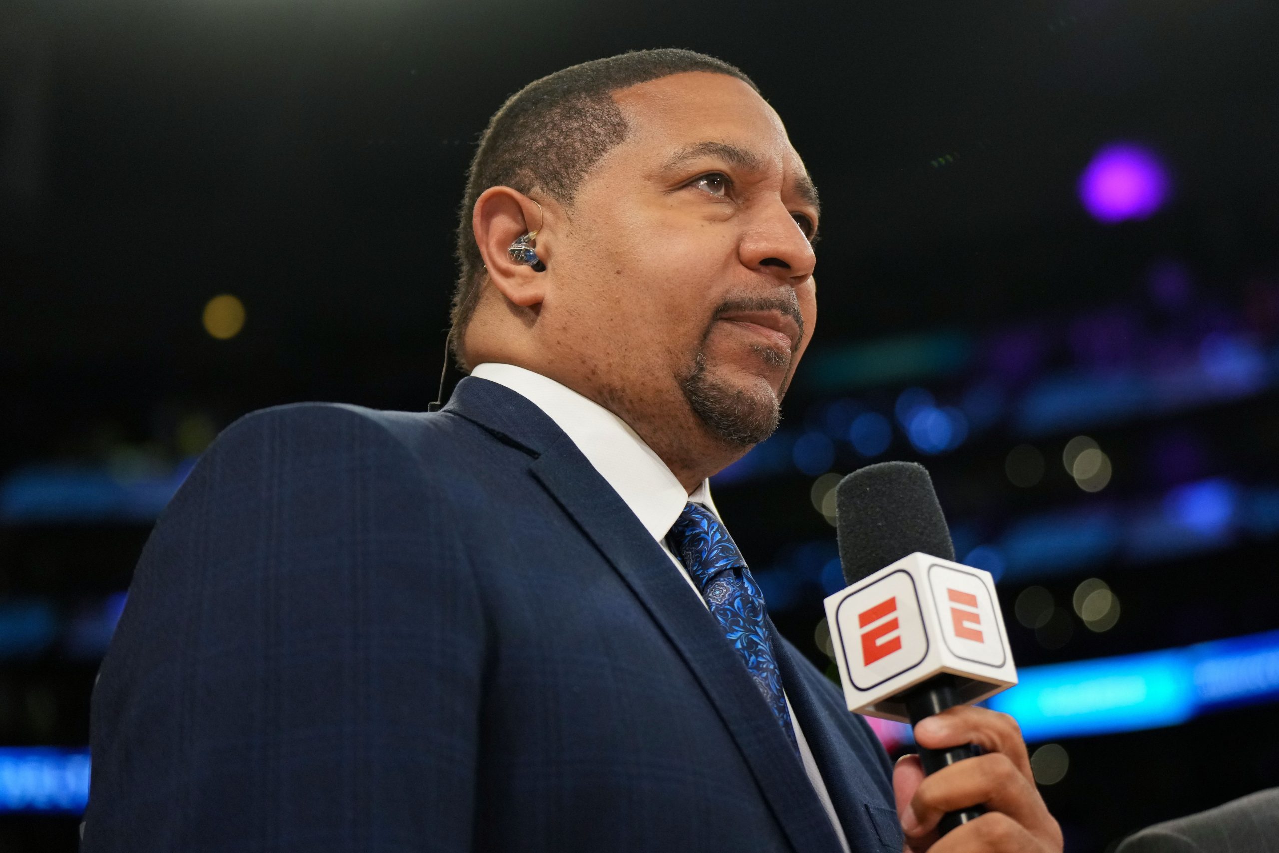 May 22, 2023; Los Angeles, California, USA; ESPN analyst Mark Jackson during game four of the Western Conference Finals for the 2023 NBA playoffs between the Denver Nuggets and the Los Angeles Lakers at Crypto.com Arena. Mandatory Credit: Kirby Lee-USA TODAY Sports