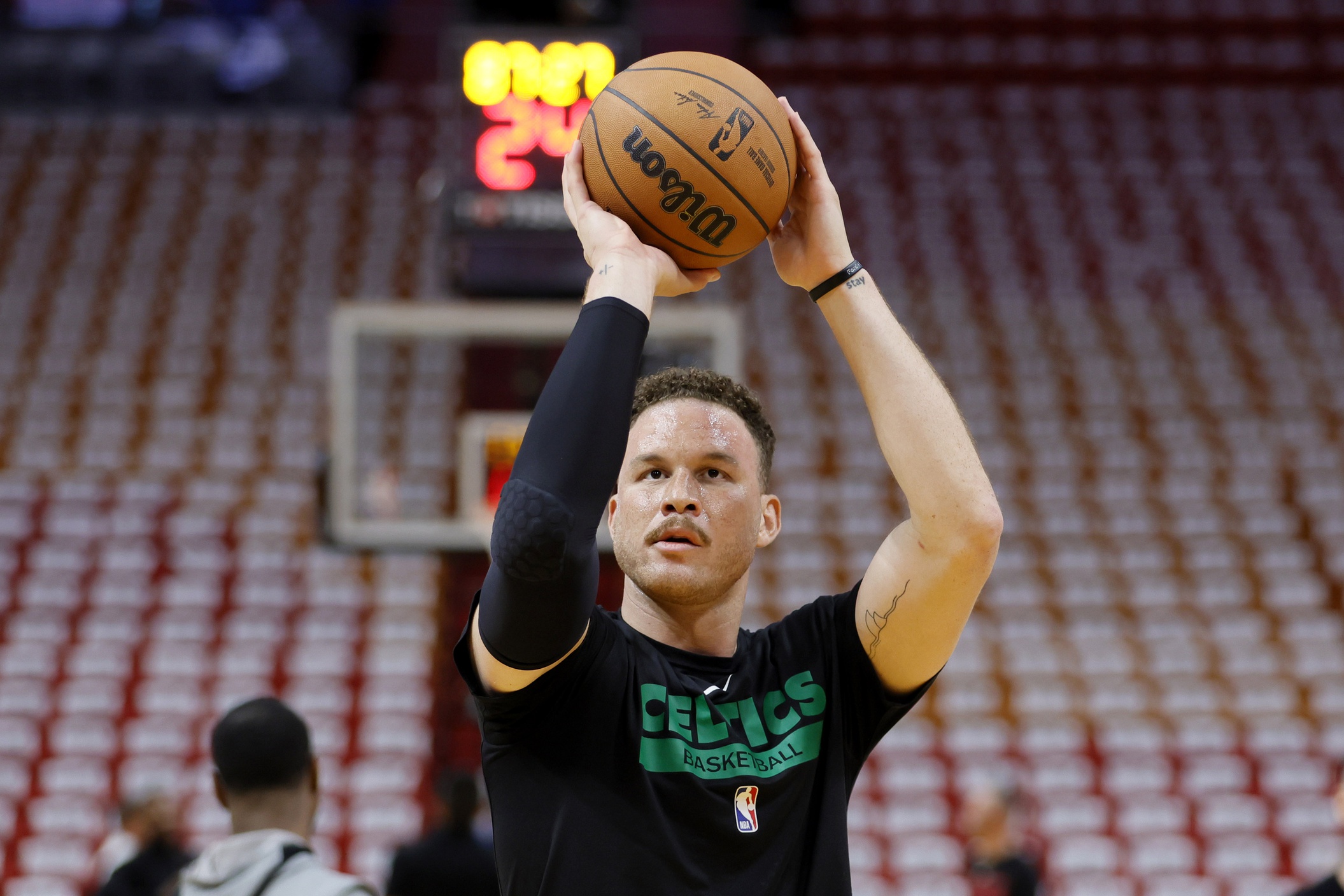 May 27, 2023; Miami, Florida, USA; Boston Celtics forward Blake Griffin (91) warms up before game six against the Miami Heat in the Eastern Conference Finals for the 2023 NBA playoffs at Kaseya Center. Mandatory Credit: Sam Navarro-USA TODAY Sports