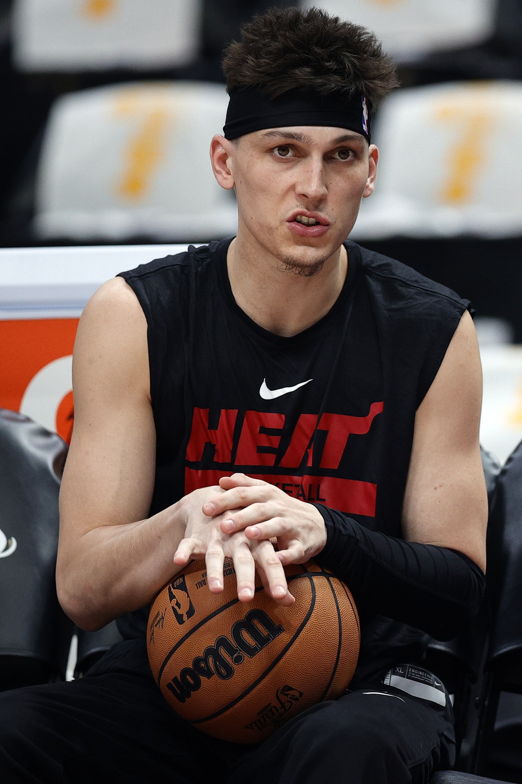 Jun 4, 2023; Denver, CO, USA; Miami Heat guard Tyler Herro (14) warms up before game two against the Denver Nuggets in the 2023 NBA Finals at Ball Arena. Mandatory Credit: Isaiah J. Downing-USA TODAY Sports