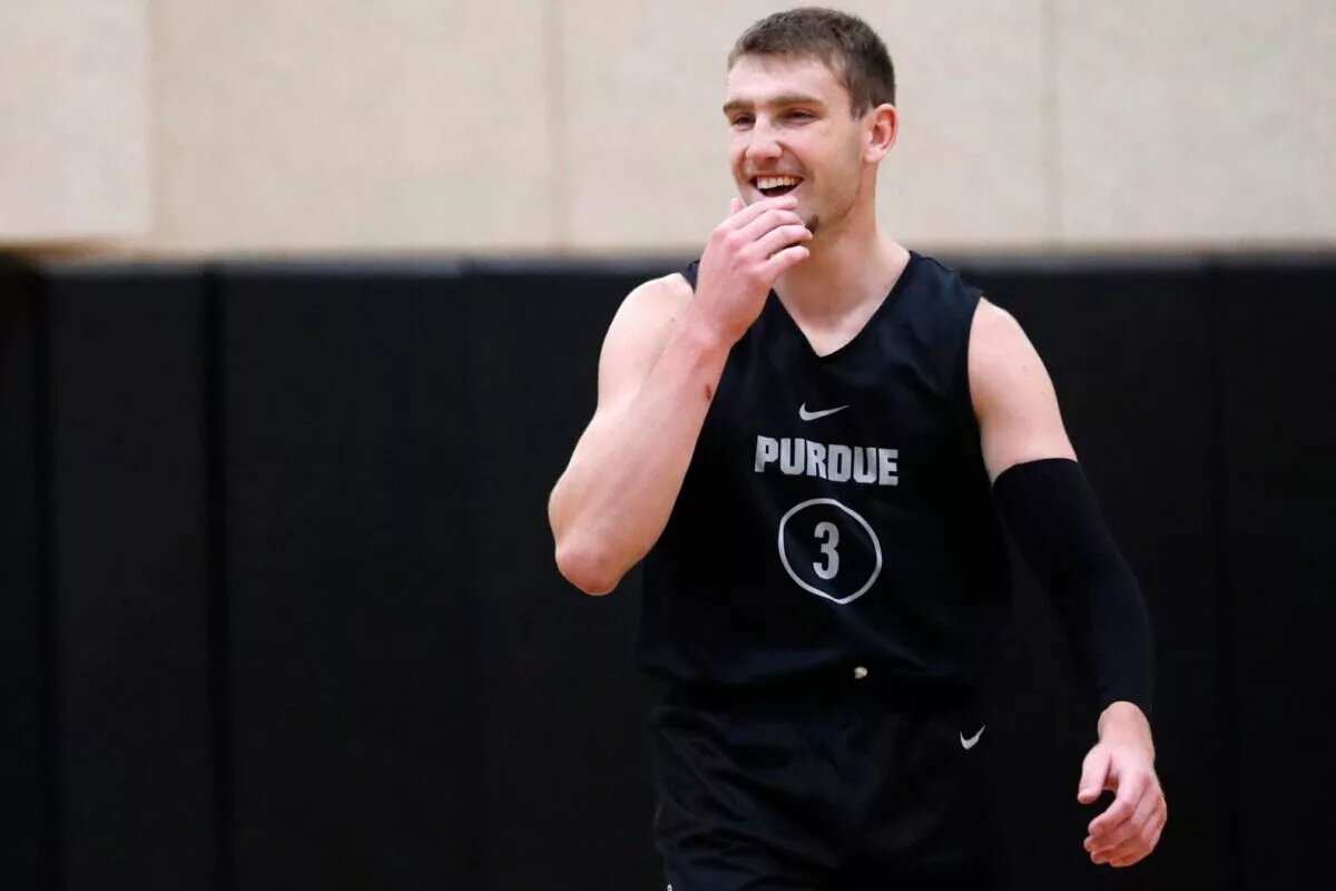 Purdue Boilermakers guard Braden Smith (3) smiles during basketball practice, Wednesday, Aug. 2, 2023, at Purdue University’s Cardinal Court in West Lafayette, Ind.