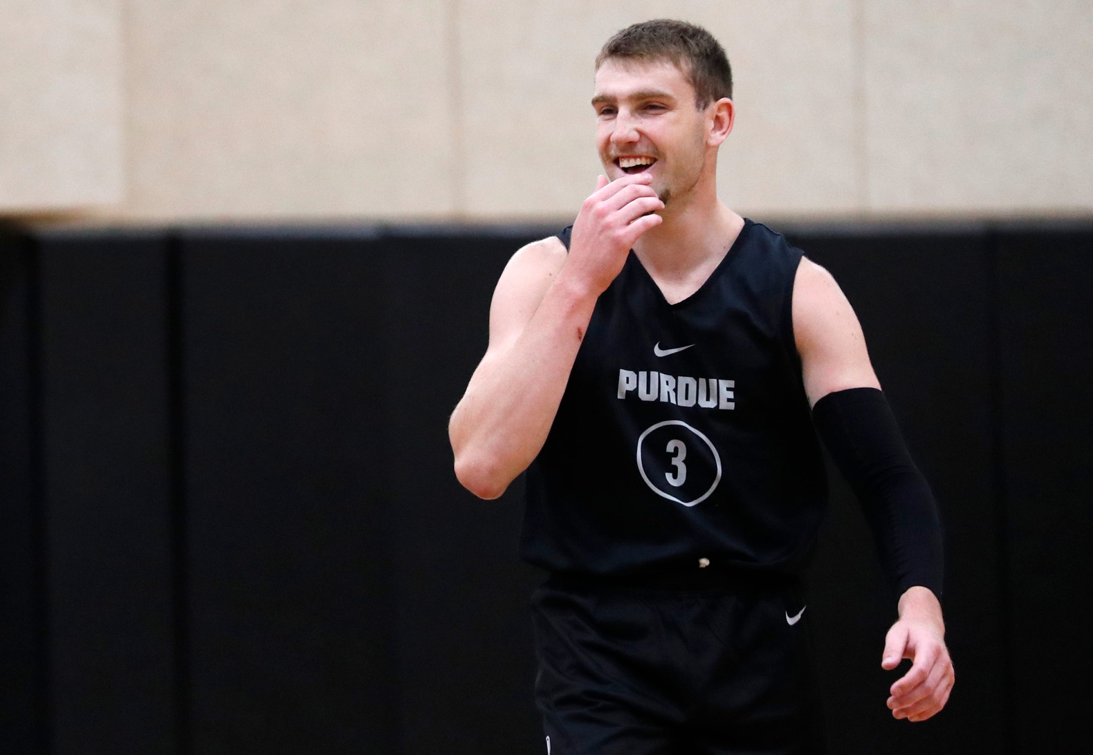 Purdue Boilermakers guard Braden Smith (3) smiles during basketball practice, Wednesday, Aug. 2, 2023, at Purdue University’s Cardinal Court in West Lafayette, Ind.