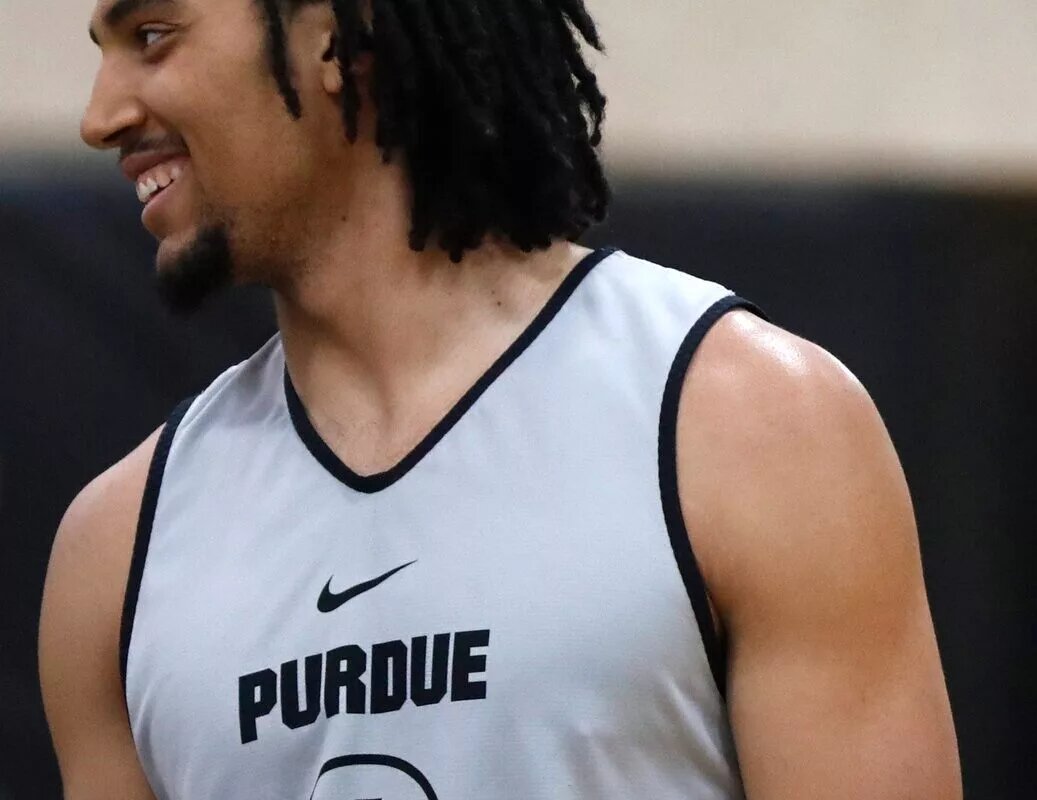 Purdue Boilermakers Trey Kaufman-Renn (4) smiles during basketball practice, Wednesday, Aug. 2, 2023, at Purdue University’s Cardinal Court in West Lafayette, Ind.