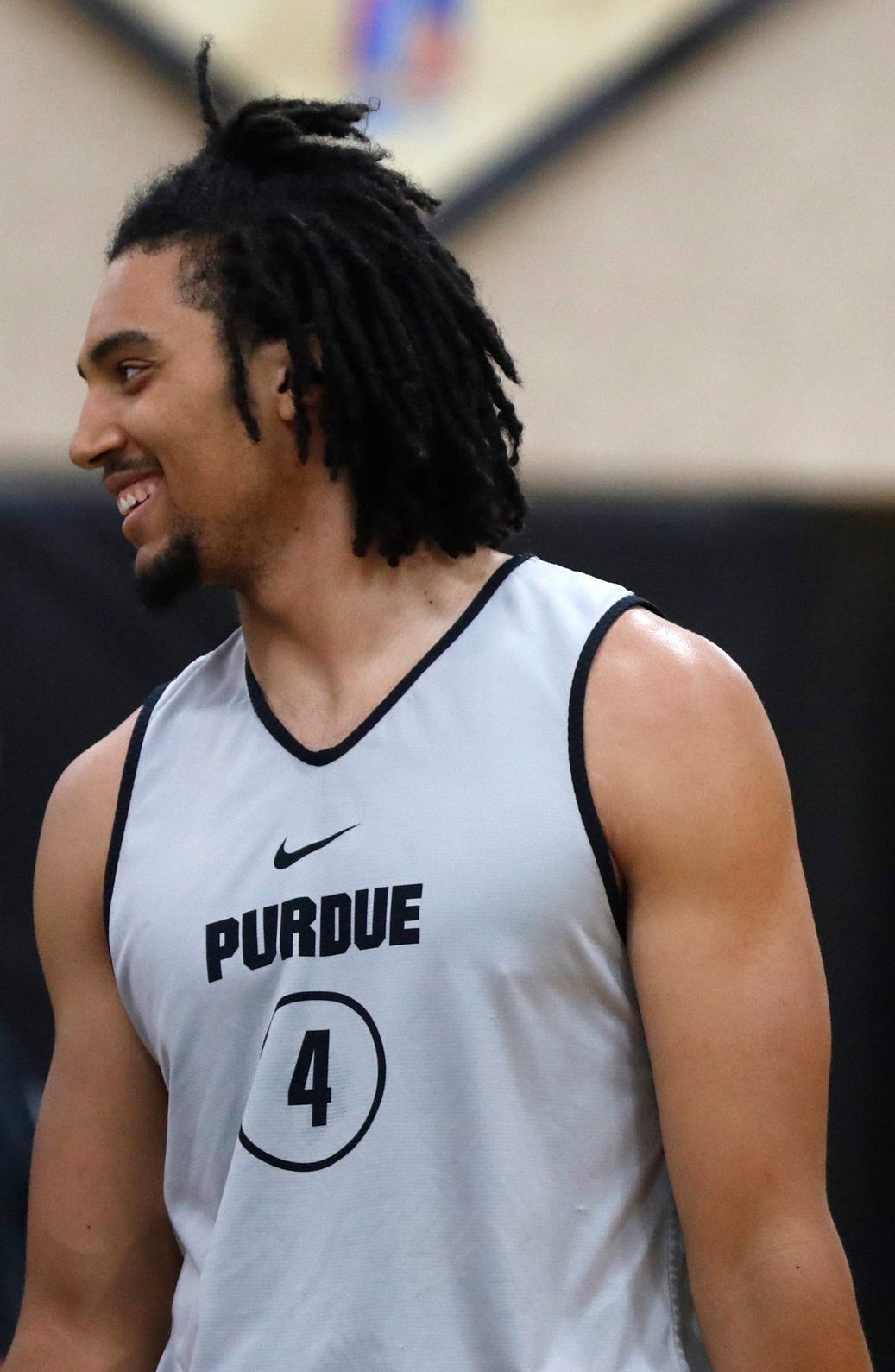 Purdue Boilermakers Trey Kaufman-Renn (4) smiles during basketball practice, Wednesday, Aug. 2, 2023, at Purdue University’s Cardinal Court in West Lafayette, Ind.