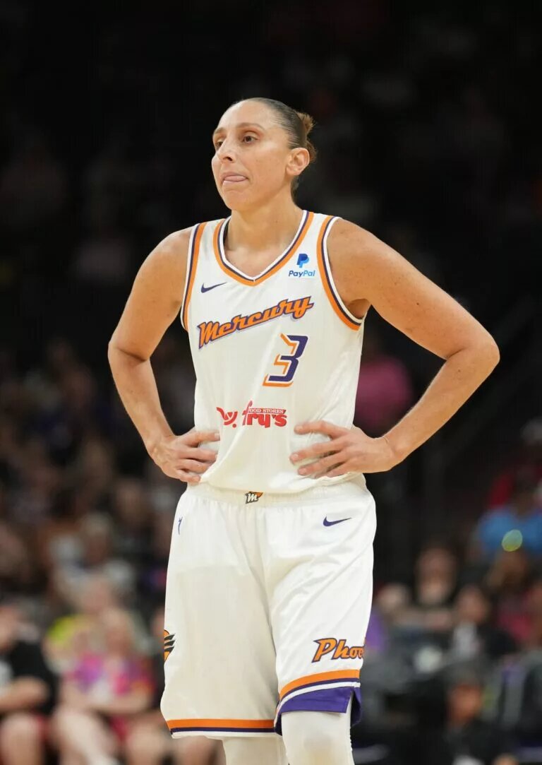 Aug 5, 2023; Phoenix, Arizona, USA; Phoenix Mercury guard Diana Taurasi (3) looks on against the Seattle Storm during the first half at Footprint Center. Mandatory Credit: Joe Camporeale-USA TODAY Sports