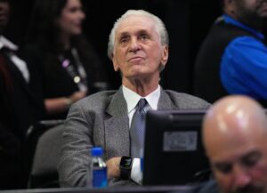 Dec 10, 2022; Miami, Florida, USA; Miami Heat team president Pat Riley looks on during the first half of a game against the San Antonio Spurs at FTX Arena. Mandatory Credit: Jim Rassol-USA TODAY Sports. The Miami Heat loses out on Damian Lillard.