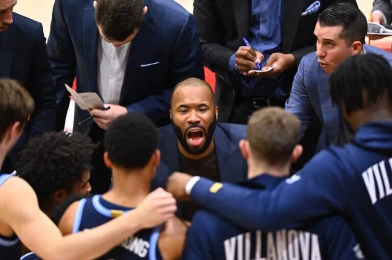 Dec 17, 2022; Philadelphia, Pennsylvania, USA; Villanova Wildcats head coach Kyle Neptune leads a huddle against the Saint Joseph's Hawks in the second half at Michael J. Hagan Arena. Mandatory Credit: Kyle Ross-USA TODAY Sports