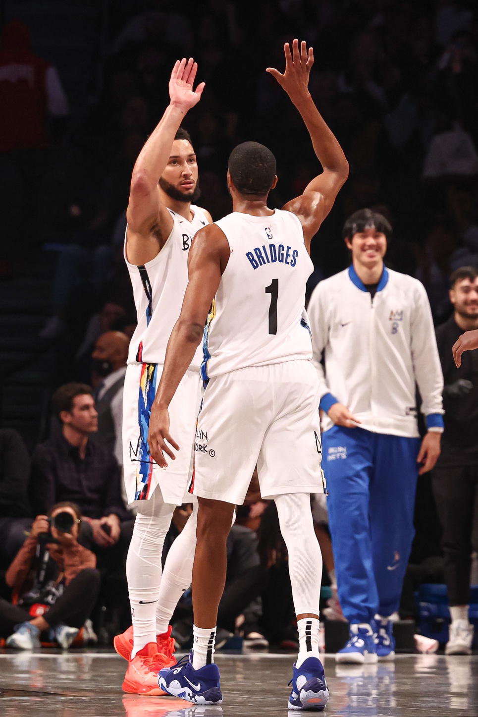 Feb 15, 2023; Brooklyn, New York, USA; Brooklyn Nets guard Ben Simmons (10) high fives forward Mikal Bridges (1) during the second half against the Miami Heat at Barclays Center. Mandatory Credit: Vincent Carchietta-USA TODAY Sports