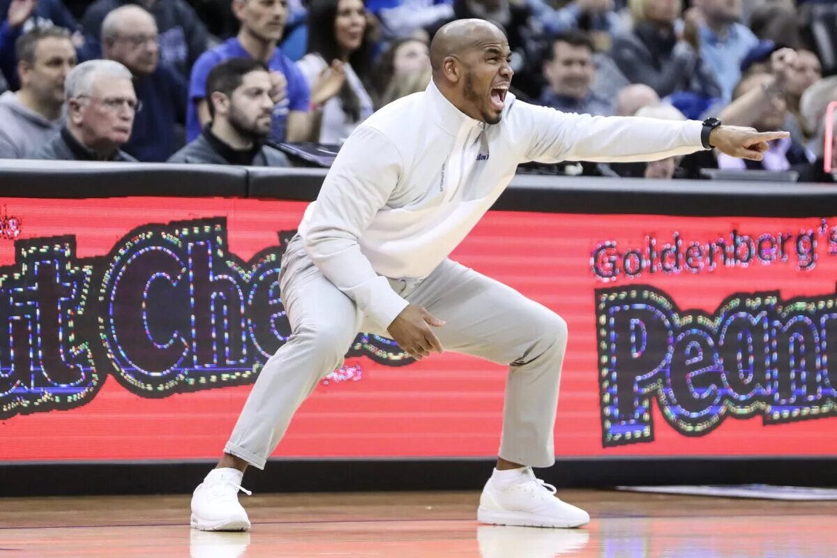 Feb 28, 2023; Newark, New Jersey, USA; Seton Hall Pirates head coach Shaheen Holloway yells out instructions in the first half against the Villanova Wildcats at Prudential Center. Mandatory Credit: Wendell Cruz-USA TODAY Sports