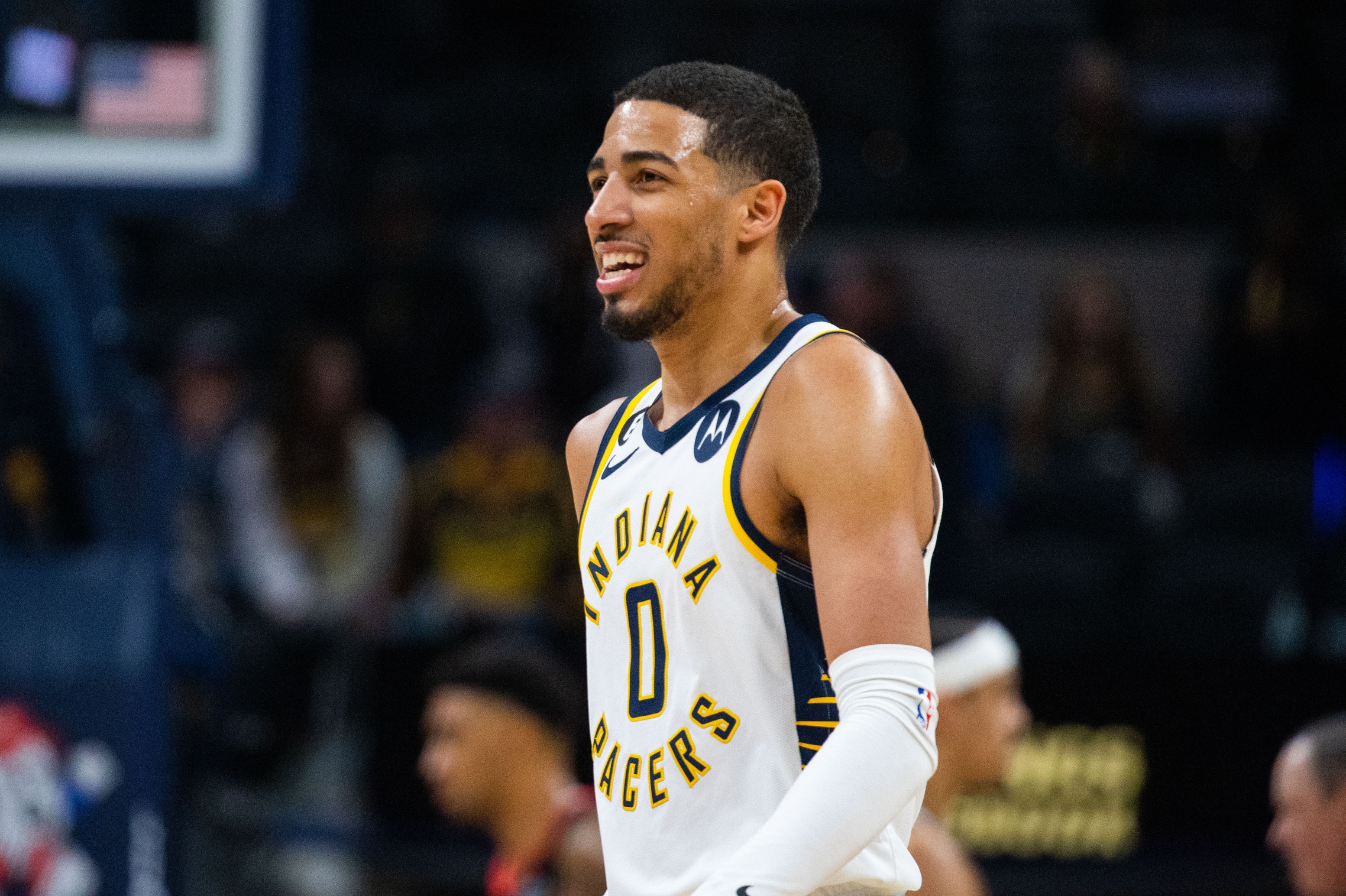 Mar 9, 2023; Indianapolis, Indiana, USA; Indiana Pacers guard Tyrese Haliburton (0) celebrates a made shot in the overtime against the Houston Rockets at Gainbridge Fieldhouse. Mandatory Credit: Trevor Ruszkowski-USA TODAY Sports