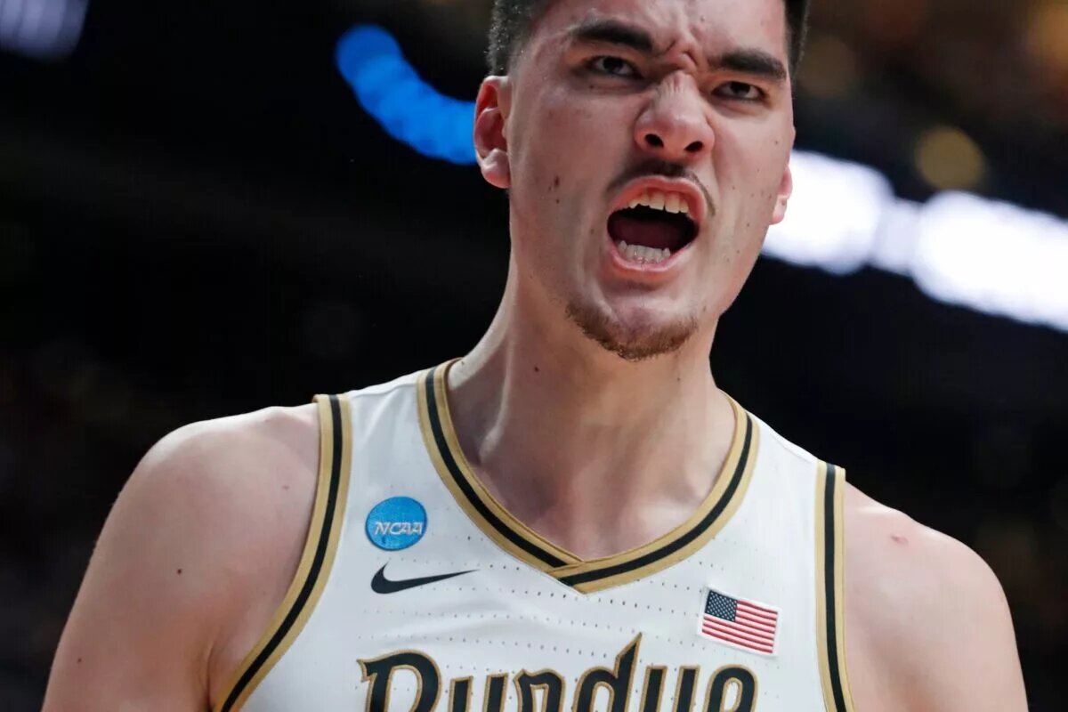 Purdue Boilermakers center Zach Edey (15) reacts after scoring during the NCAA MenÕs Basketball Tournament game against the Fairleigh Dickinson Knights, Friday, March 17, 2023, at Nationwide Arena in Columbus, Ohio. Fairleigh Dickinson Knights won 63-58.