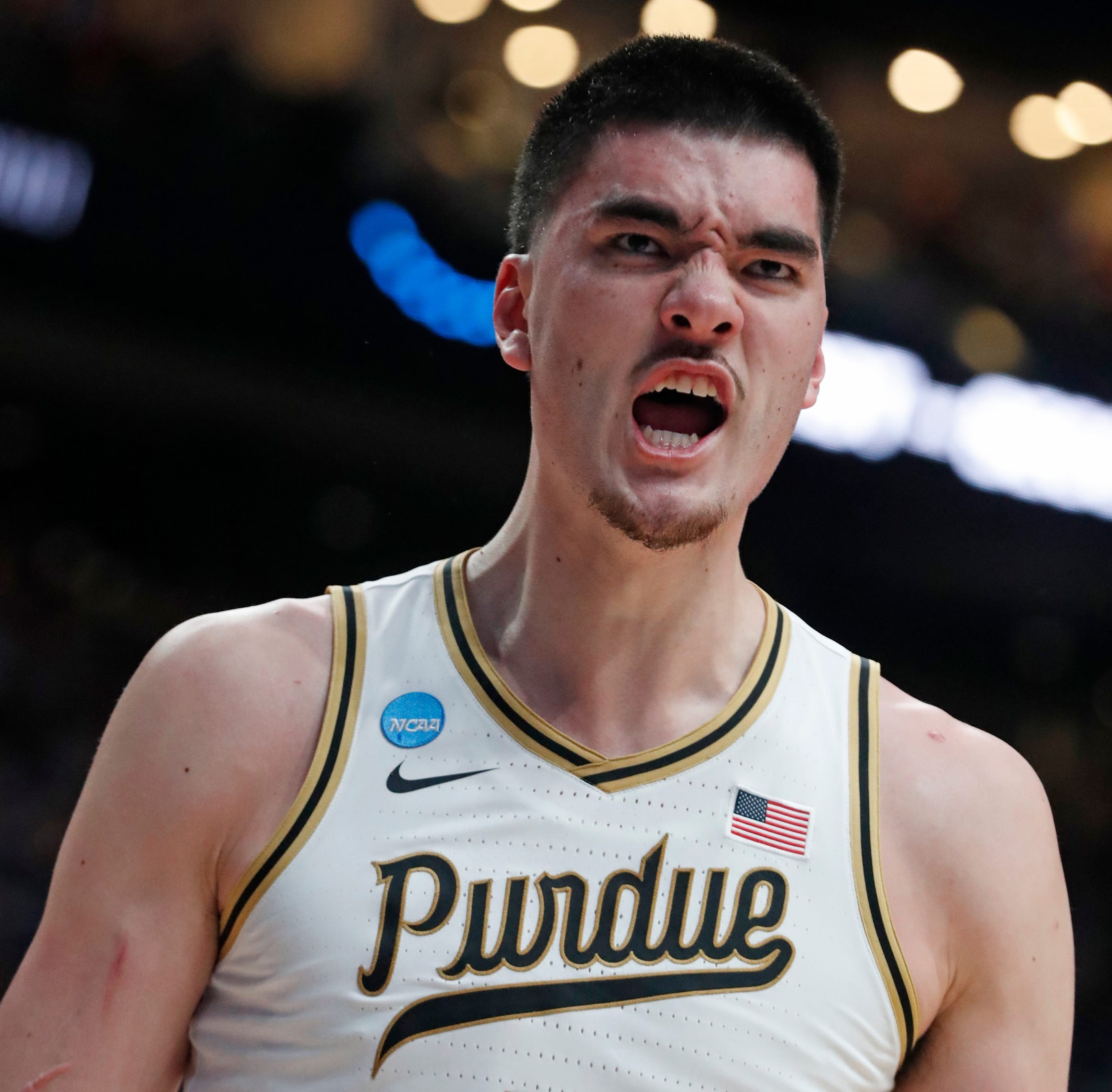 Purdue Boilermakers center Zach Edey (15) reacts after scoring during the NCAA MenÕs Basketball Tournament game against the Fairleigh Dickinson Knights, Friday, March 17, 2023, at Nationwide Arena in Columbus, Ohio. Fairleigh Dickinson Knights won 63-58.