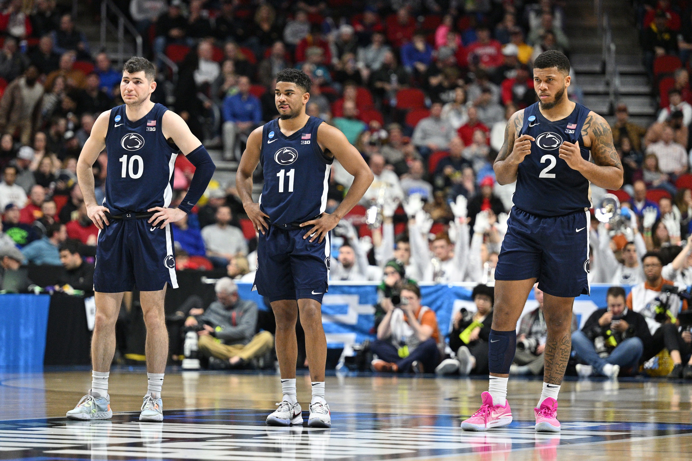 Mar 18, 2023; Des Moines, IA, USA; Penn State Nittany Lions guard Andrew Funk (10) and guard Camren Wynter (11) and guard Myles Dread (2) look on during the first half against the Texas Longhorns at Wells Fargo Arena. Mandatory Credit: Jeffrey Becker-USA TODAY Sports