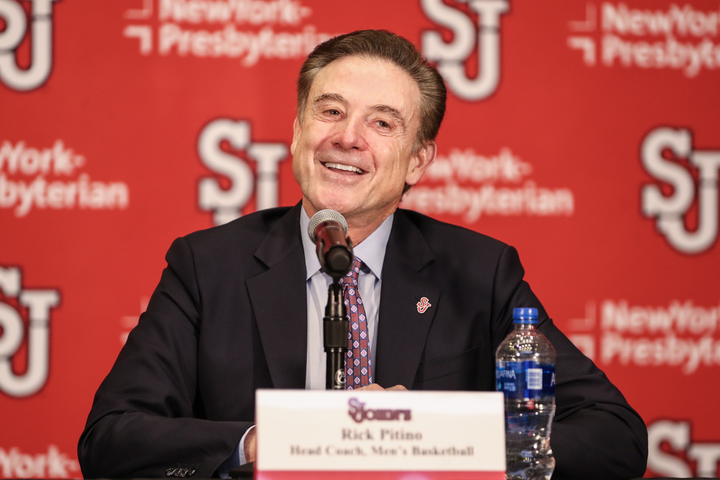 Mar 21, 2023; New York, NY, USA; New St. John’s Red Storm head coach Rick Pitino speaks at his introductory press conference at Madison Square Garden. Mandatory Credit: Wendell Cruz-USA TODAY Sports