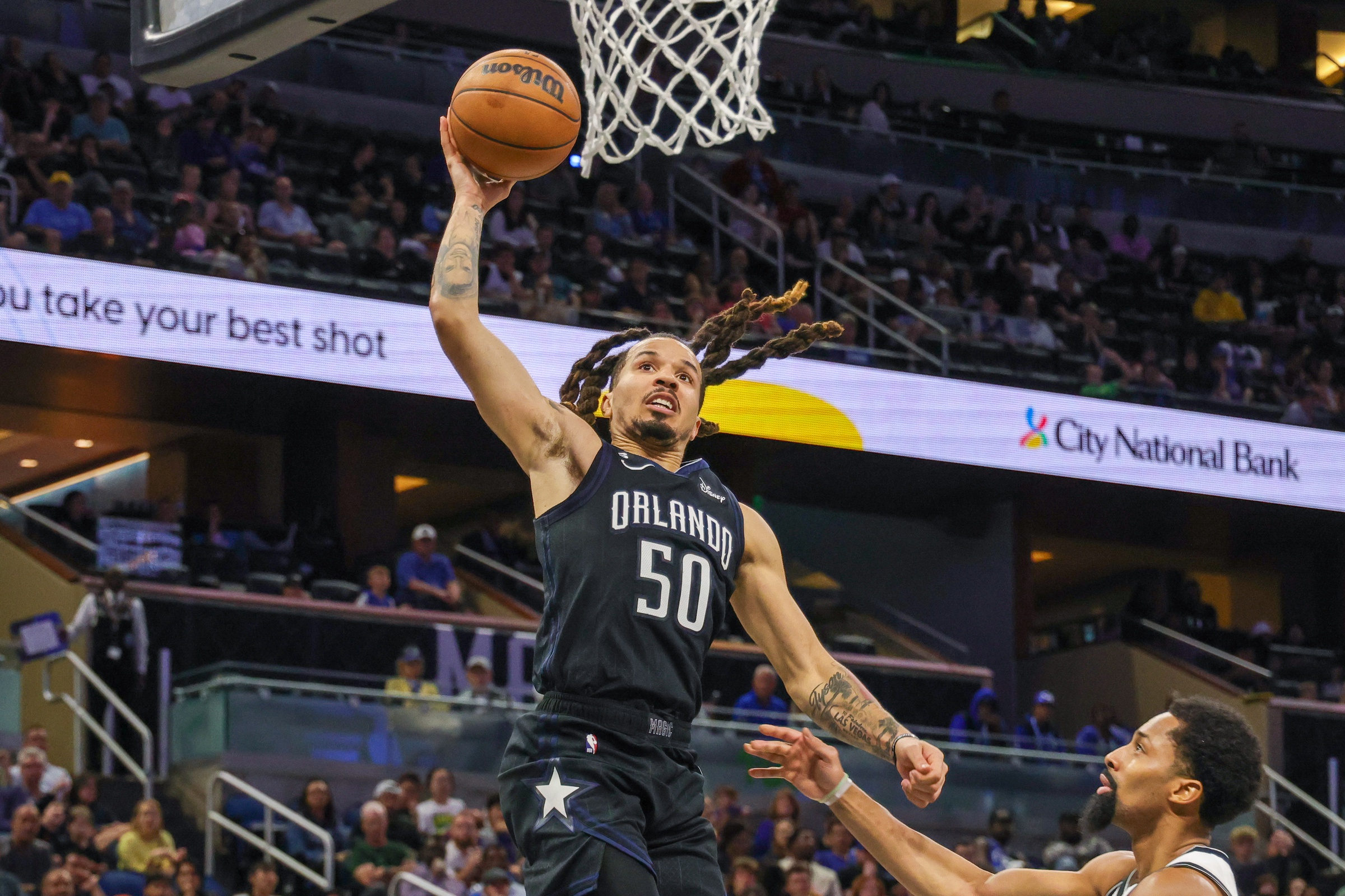 Mar 26, 2023; Orlando, Florida, USA; Orlando Magic guard Cole Anthony (50) goes to the basket during the second half against the Brooklyn Nets at Amway Center. Mandatory Credit: Mike Watters-USA TODAY Sports