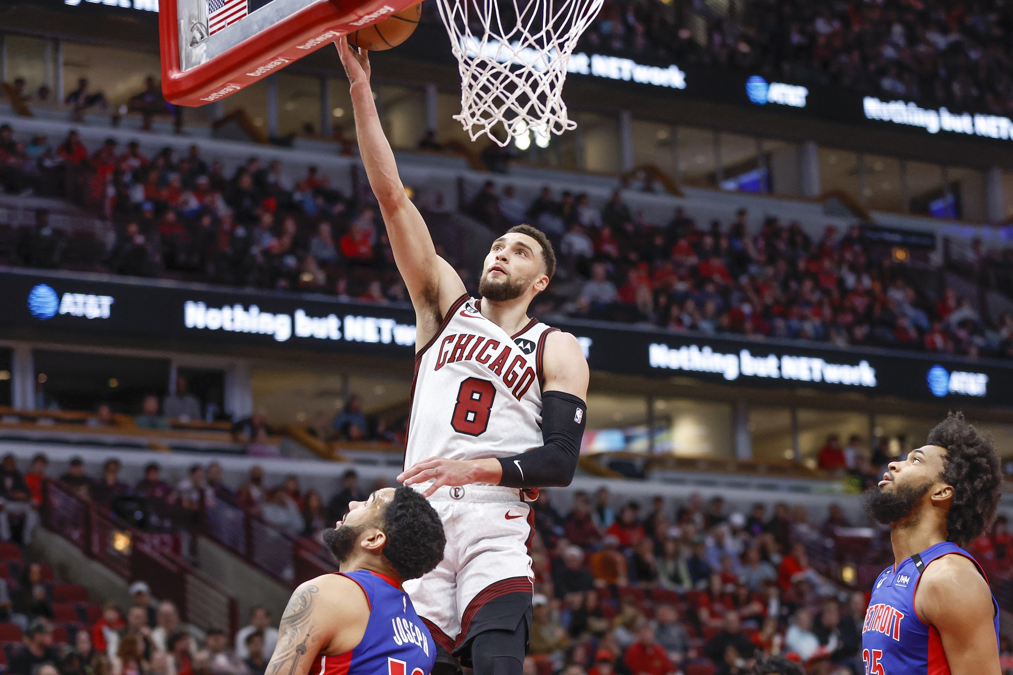 Apr 9, 2023; Chicago, Illinois, USA; Chicago Bulls guard Zach LaVine (8) goes to the basket against the Detroit Pistons during the first half at United Center. Mandatory Credit: Kamil Krzaczynski-USA TODAY Sports