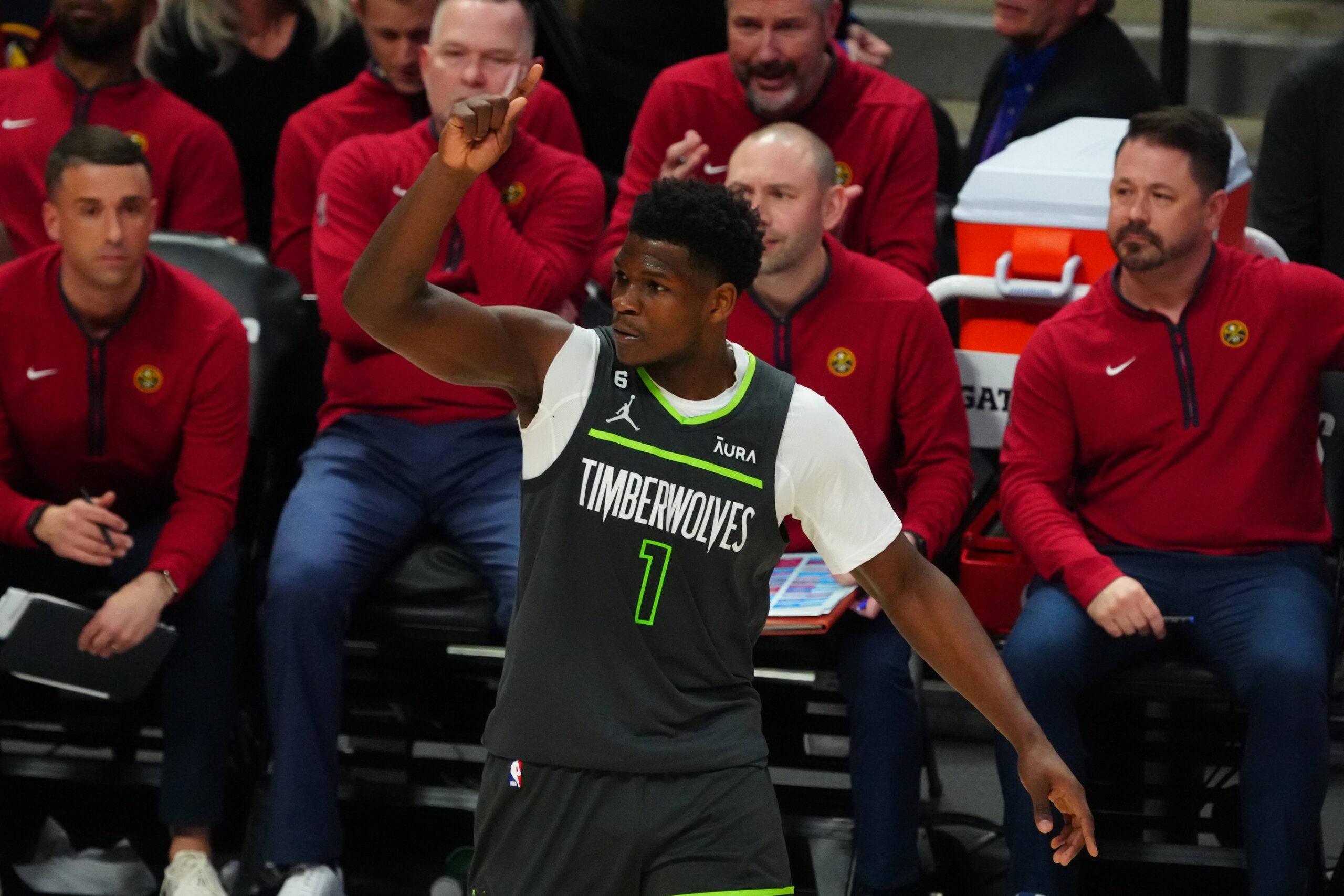 Apr 25, 2023; Denver, Colorado, USA; Minnesota Timberwolves guard Anthony Edwards (1) reacts in the second half against the Denver Nuggets in game five of the 2023 NBA Playoffs at Ball Arena. Mandatory Credit: Ron Chenoy-USA TODAY Sports