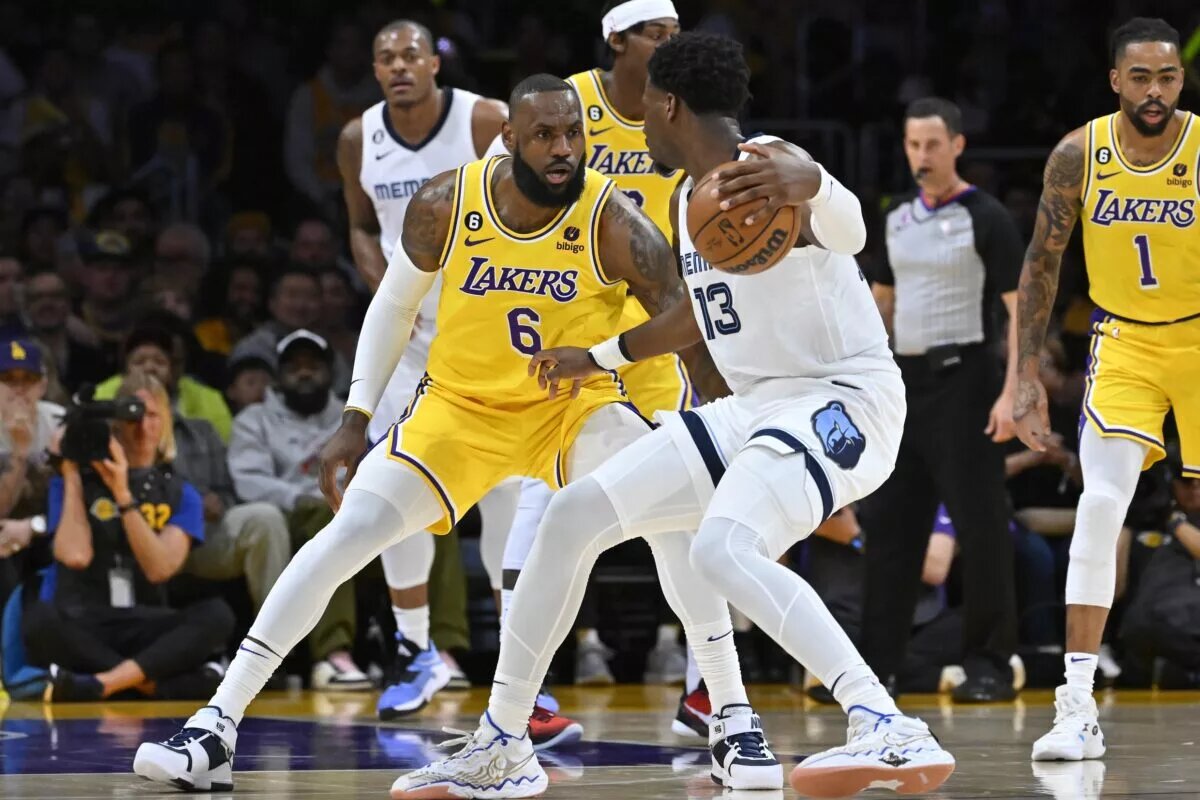 Apr 28, 2023; Los Angeles, California, USA; Los Angeles Lakers forward LeBron James (6) guards Memphis Grizzlies forward Jaren Jackson Jr. (13) in the first half of game six of the 2023 NBA playoffs at Crypto.com Arena. Mandatory Credit: Jayne Kamin-Oncea-USA TODAY Sports. Memphis looks to bounce back,