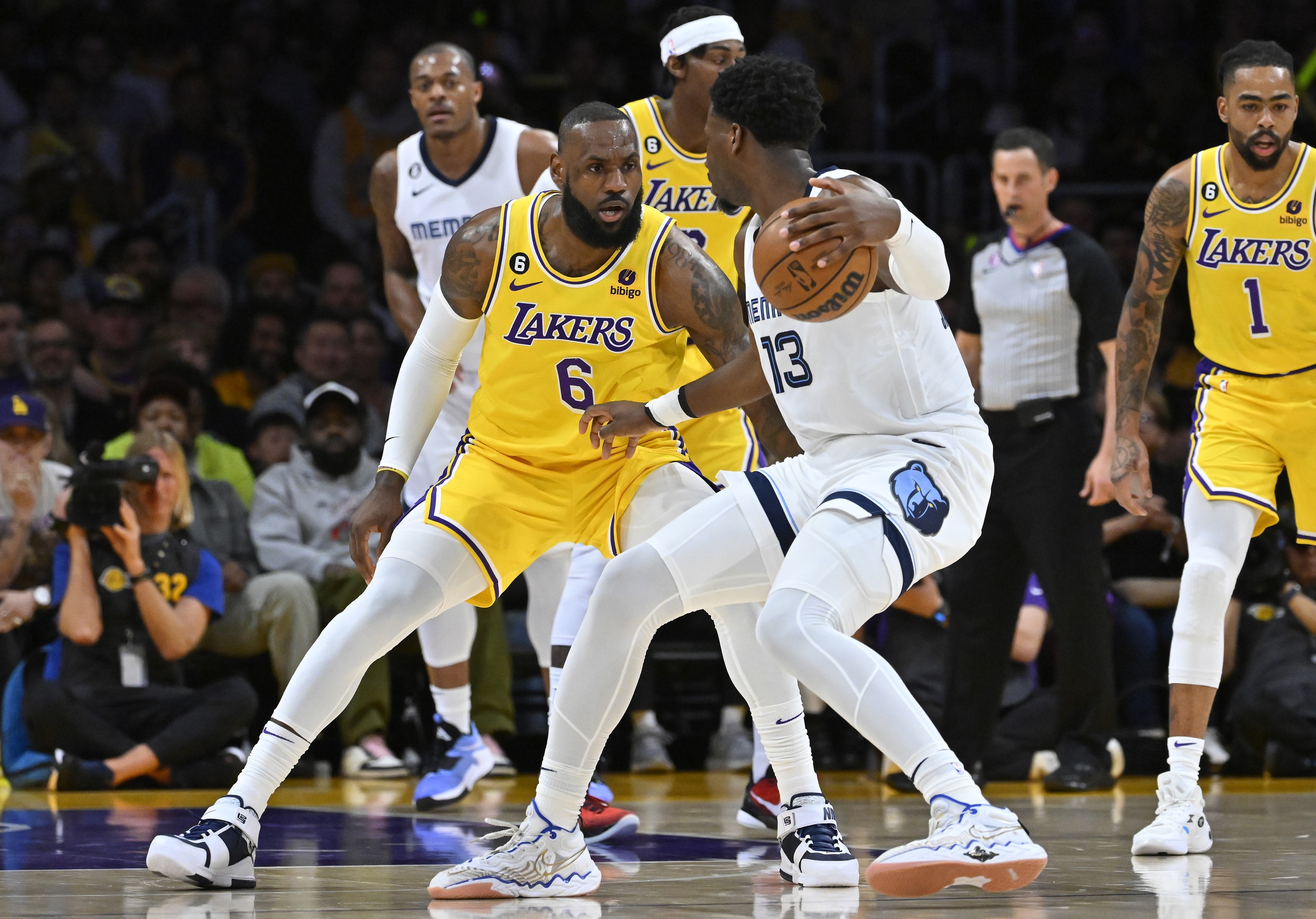 Apr 28, 2023; Los Angeles, California, USA; Los Angeles Lakers forward LeBron James (6) guards Memphis Grizzlies forward Jaren Jackson Jr. (13) in the first half of game six of the 2023 NBA playoffs at Crypto.com Arena. Mandatory Credit: Jayne Kamin-Oncea-USA TODAY Sports. Memphis looks to bounce back,